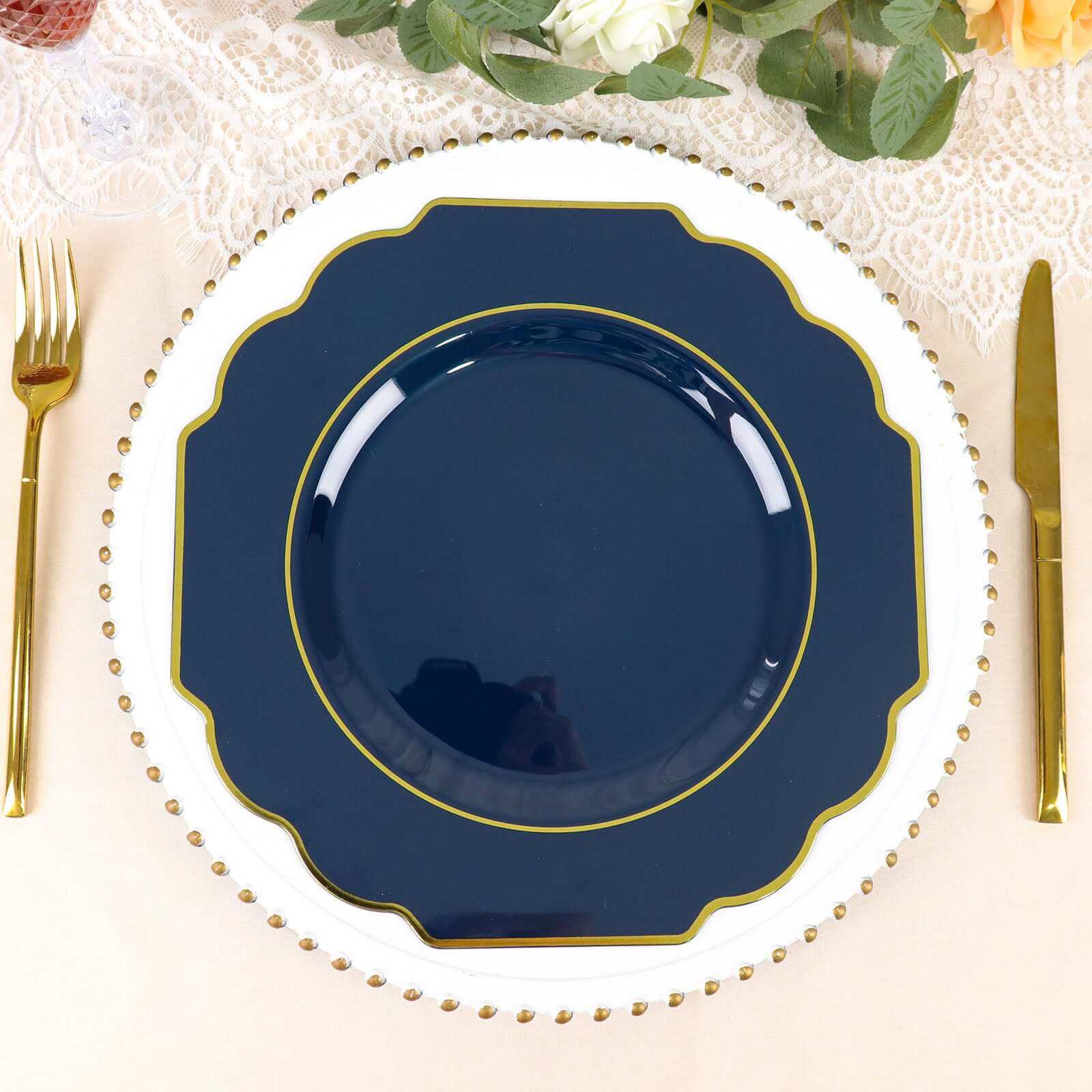 10-Pack Plastic Dinner Plates in Navy Blue Baroque Design with Scalloped Gold Rim - Heavy Duty Disposable Party Plates 11"