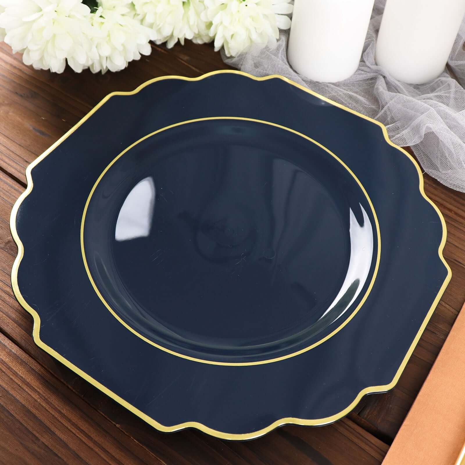 10-Pack Plastic Dinner Plates in Navy Blue Baroque Design with Scalloped Gold Rim - Heavy Duty Disposable Party Plates 11"