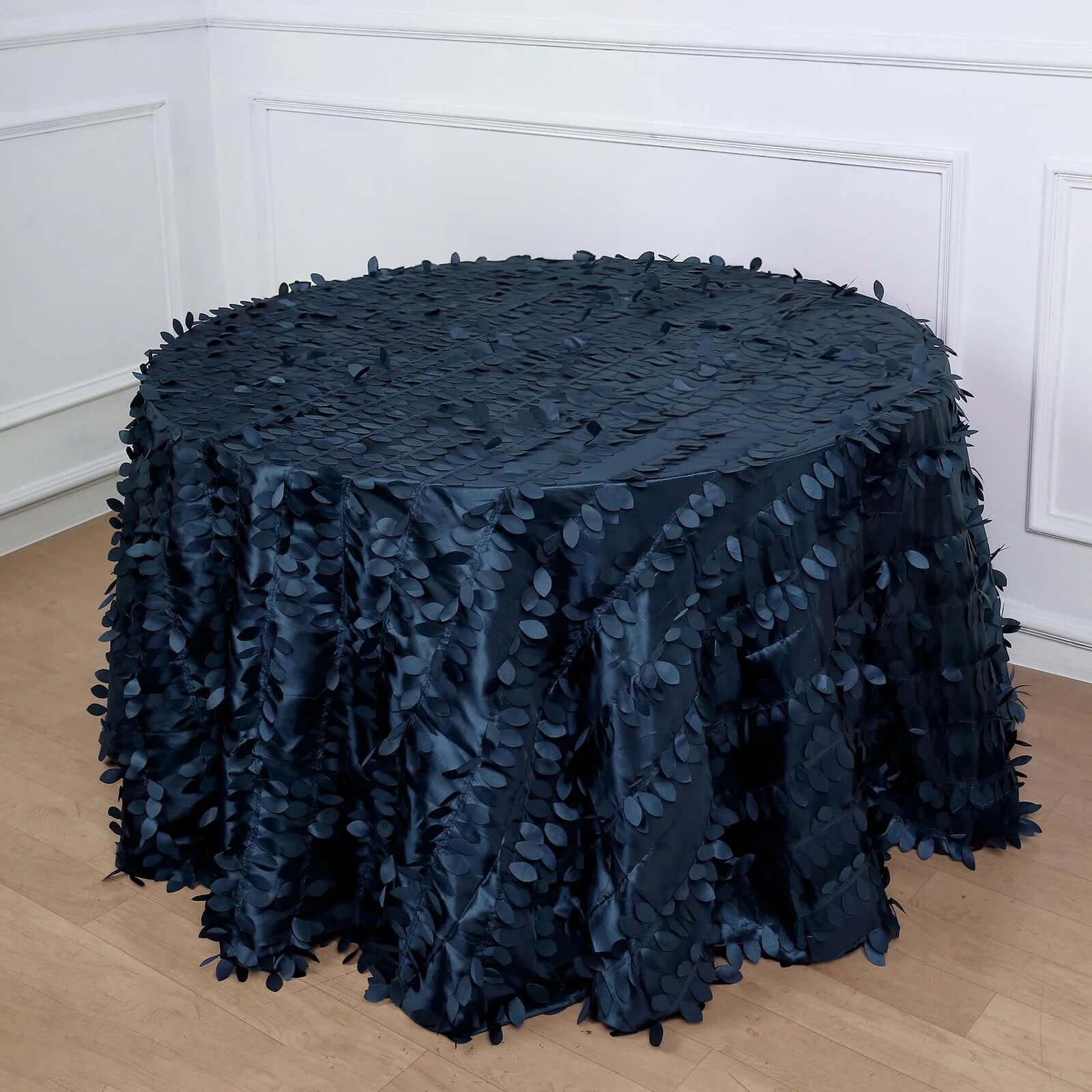 Taffeta 120" Round Tablecloth Navy Blue | 3D Leaf Petal Design Seamless Table Cover