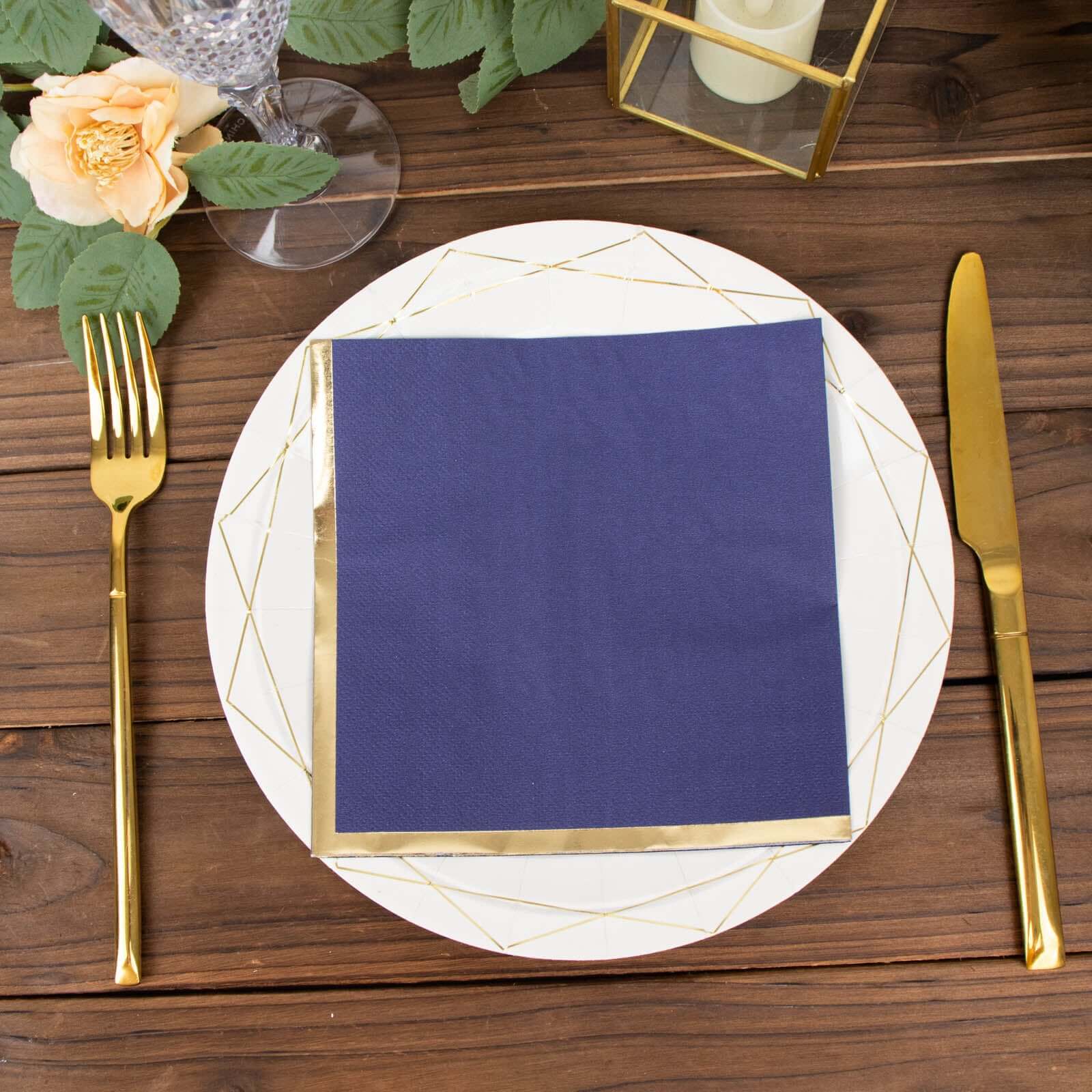 50-Pack Paper Beverage Napkins with Gold Foil Edge Navy Blue - Disposable 2 Ply Cocktail Napkins for Events 6.5"x6.5"