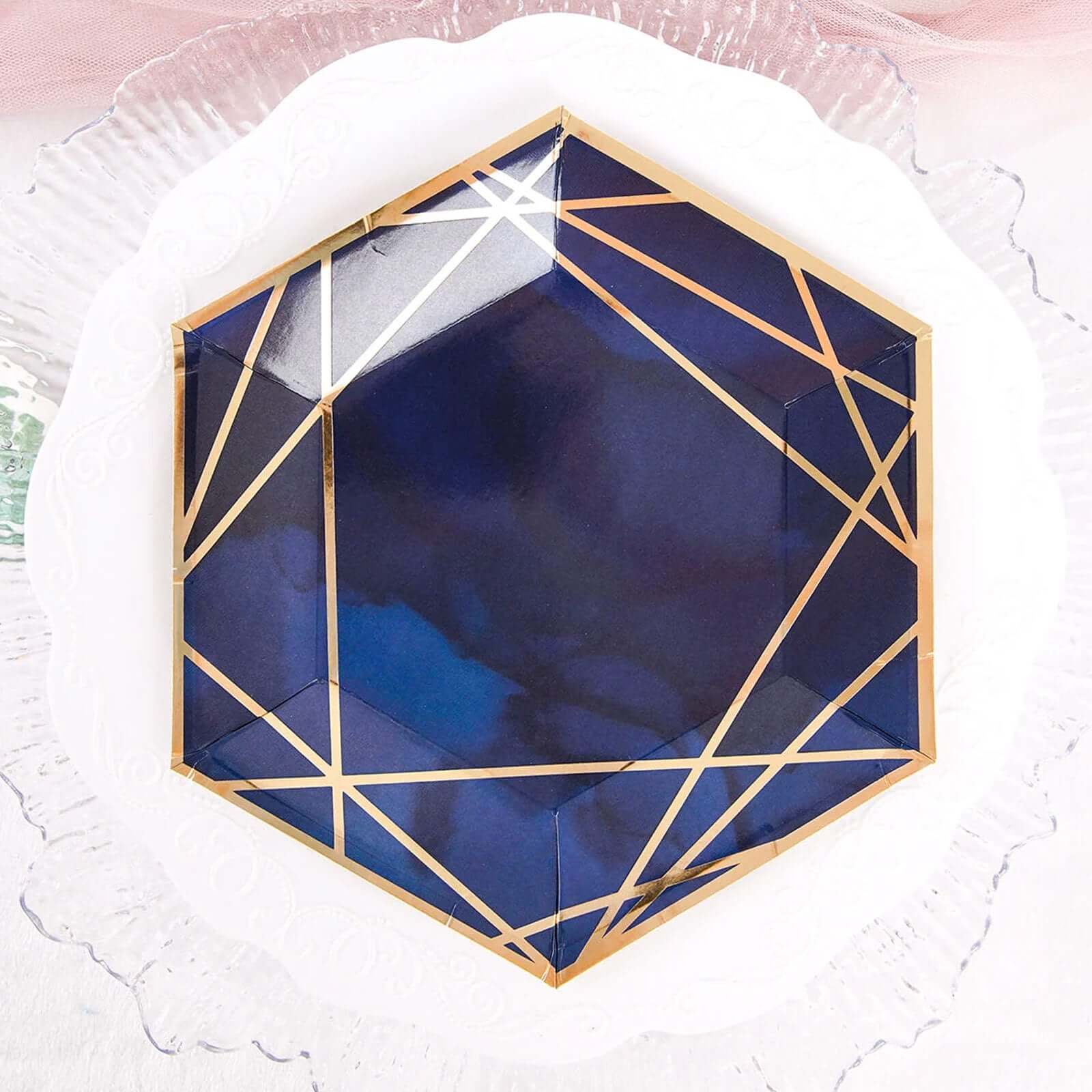 25-Pack Paper 7" Hexagon Dessert Plates in Navy Blue with Gold Geometric Lines & Rim - Stylish Disposable Geometric 300GSM Appetizer Salad Plates