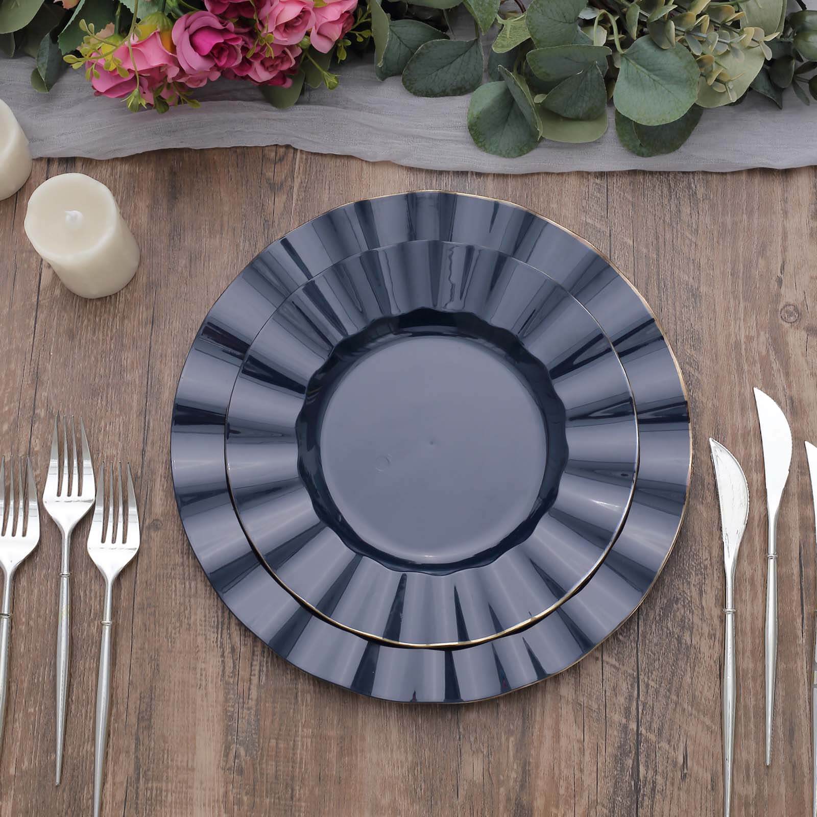 10-Pack Plastic 11" Round Dinner Plates in Navy Blue Ruffled Rim with Gold Edging - Sturdy Disposable Dinnerware