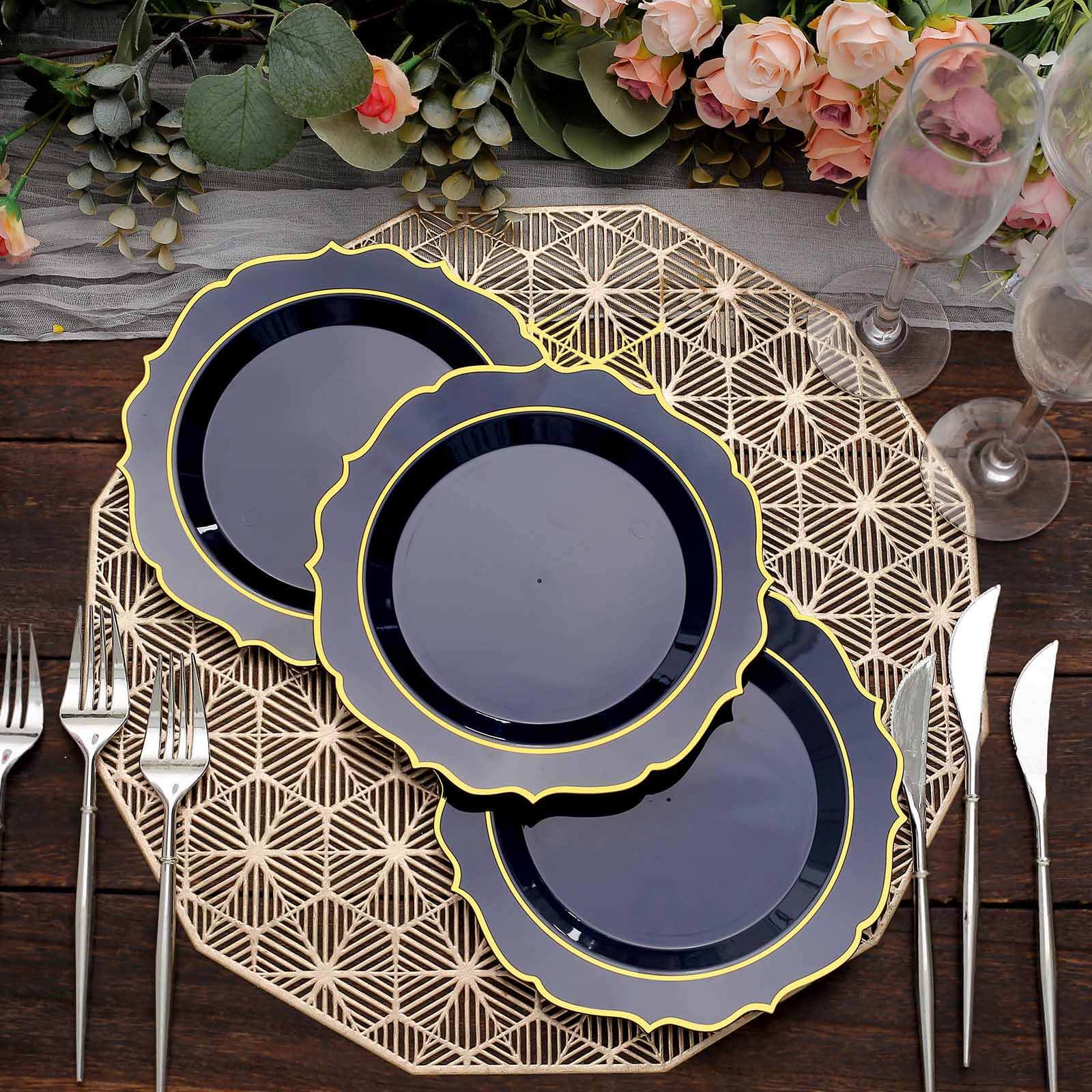 10-Pack Plastic 8" Round Desert Plates in Navy Blue with Gold Scalloped Rim - Disposable Appetizer/Salad Plates