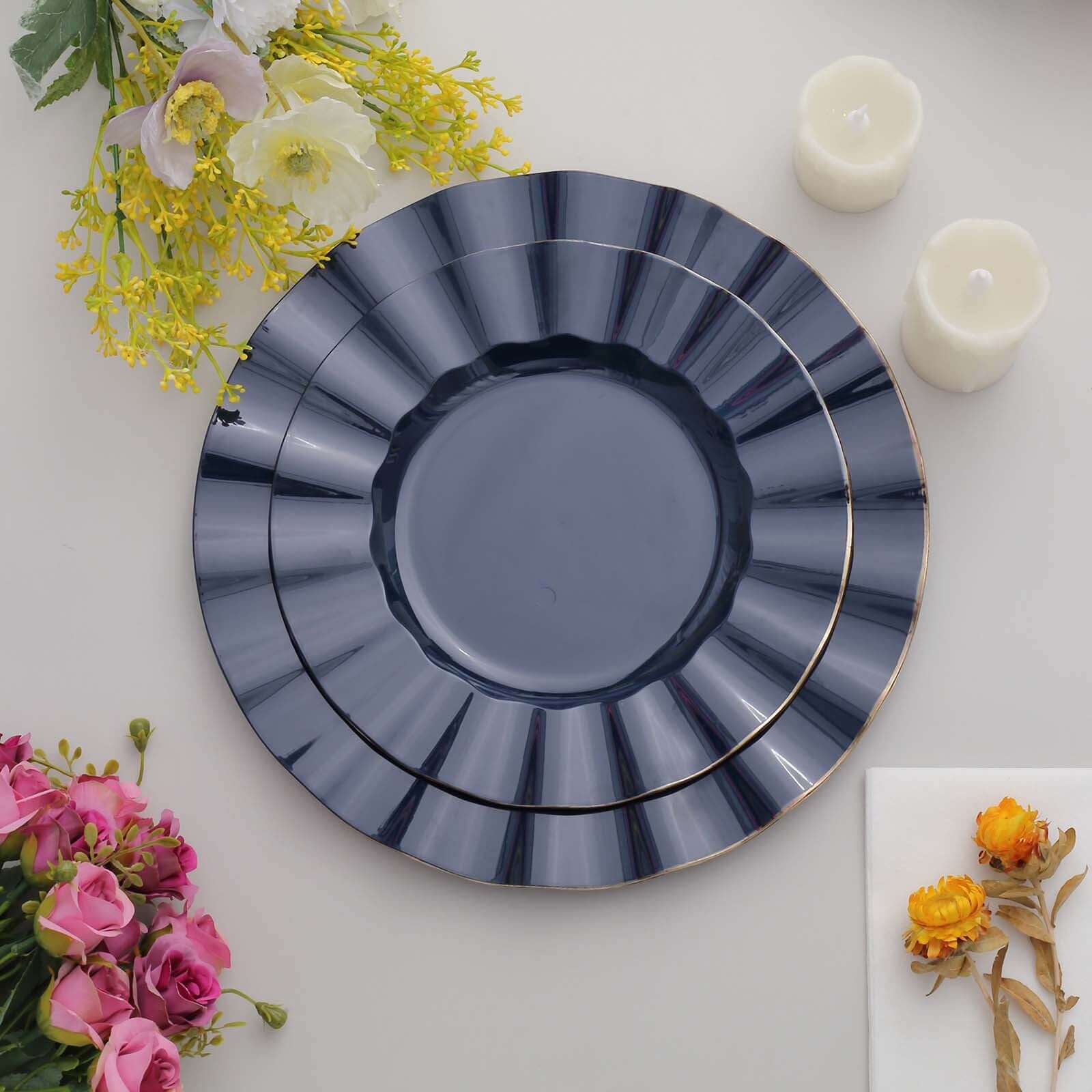 10-Pack Plastic 9" Round Dinner Plates in Navy Blue Ruffled Rim with Gold Edging - Sturdy Disposable Dinnerware