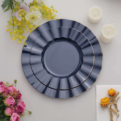 10-Pack Plastic 9" Round Dinner Plates in Navy Blue Ruffled Rim with Gold Edging - Sturdy Disposable Dinnerware
