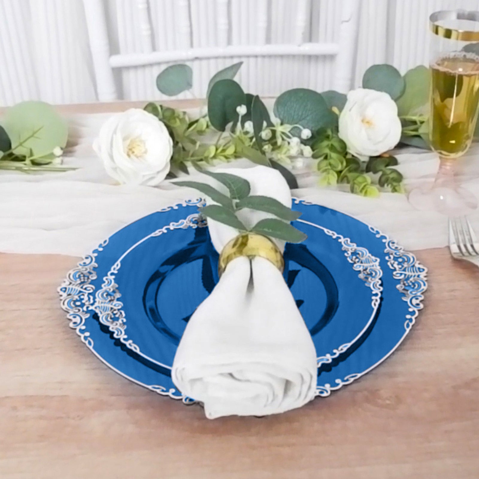 10-Pack Plastic 8" Round Dessert Plates in Transparent Navy Blue with Silver Leaf Embossed Rim - Disposable Vintage Baroque Style Salad Plates
