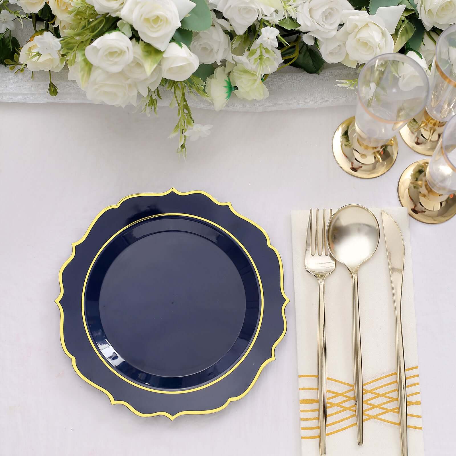 10-Pack Plastic 8" Round Desert Plates in Navy Blue with Gold Scalloped Rim - Disposable Appetizer/Salad Plates