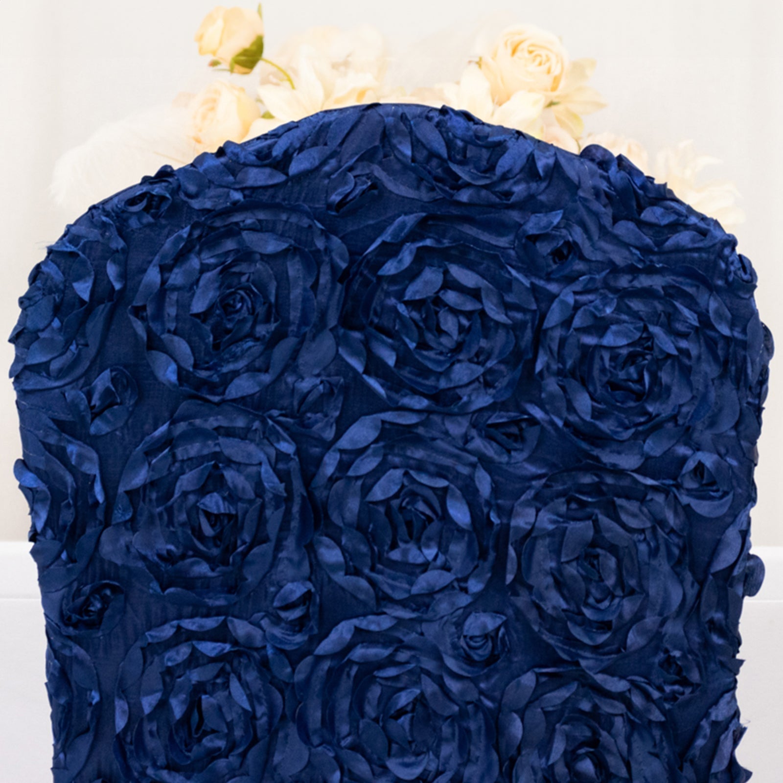Satin Rosette Chair Cover for Banquet Chairs Navy Blue - Stretch Fitted Slip-On Slipcover