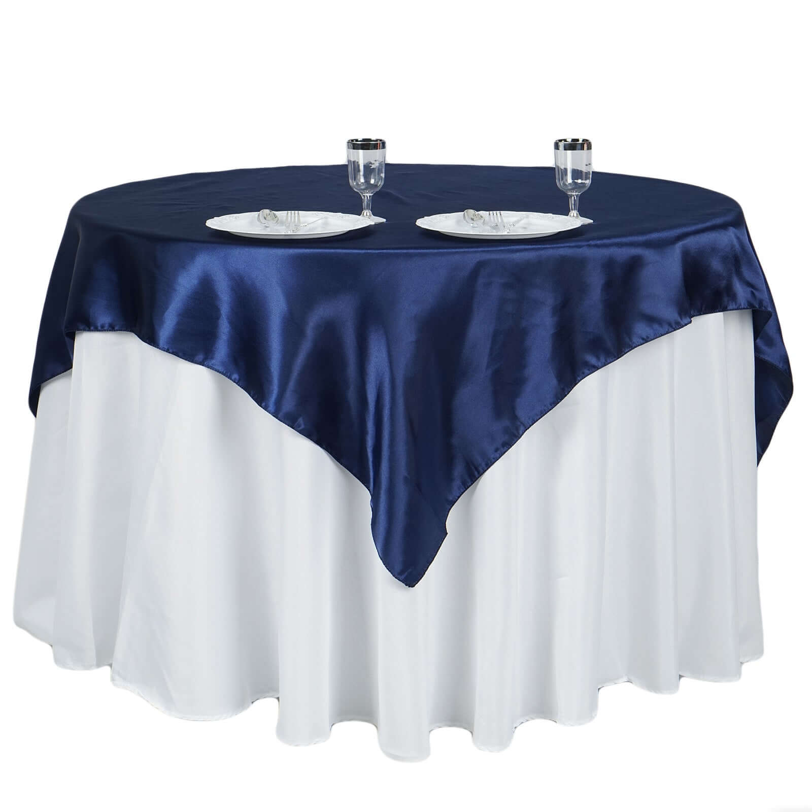 Satin 60"x60" Table Overlay Square Tablecloth Navy Blue - Smooth Silky Touch Table Cover