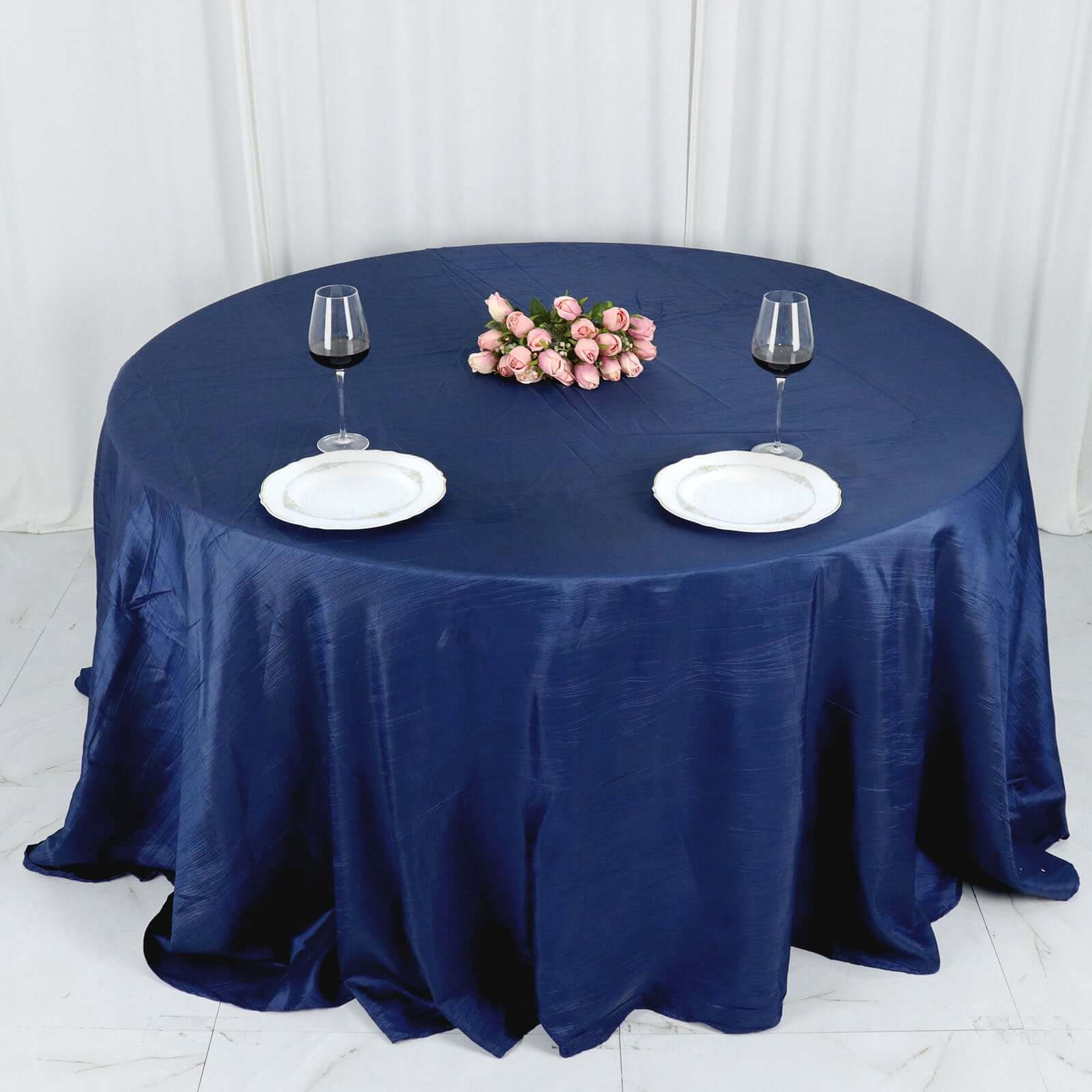 Taffeta 132" Round Tablecloth Navy Blue - Seamless Accordion Crinkle Table Cover