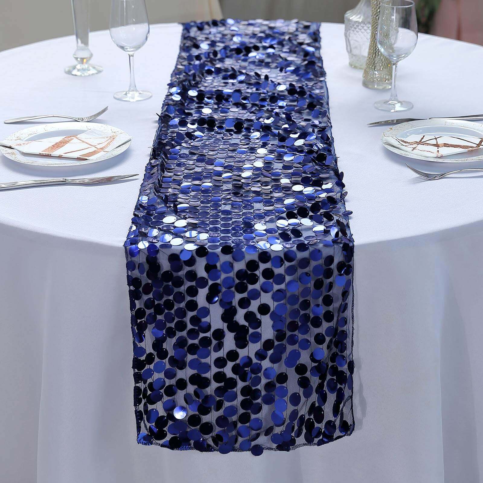 Big Payette Sequin 13"x108" Table Runner Navy Blue - Dazzling Design