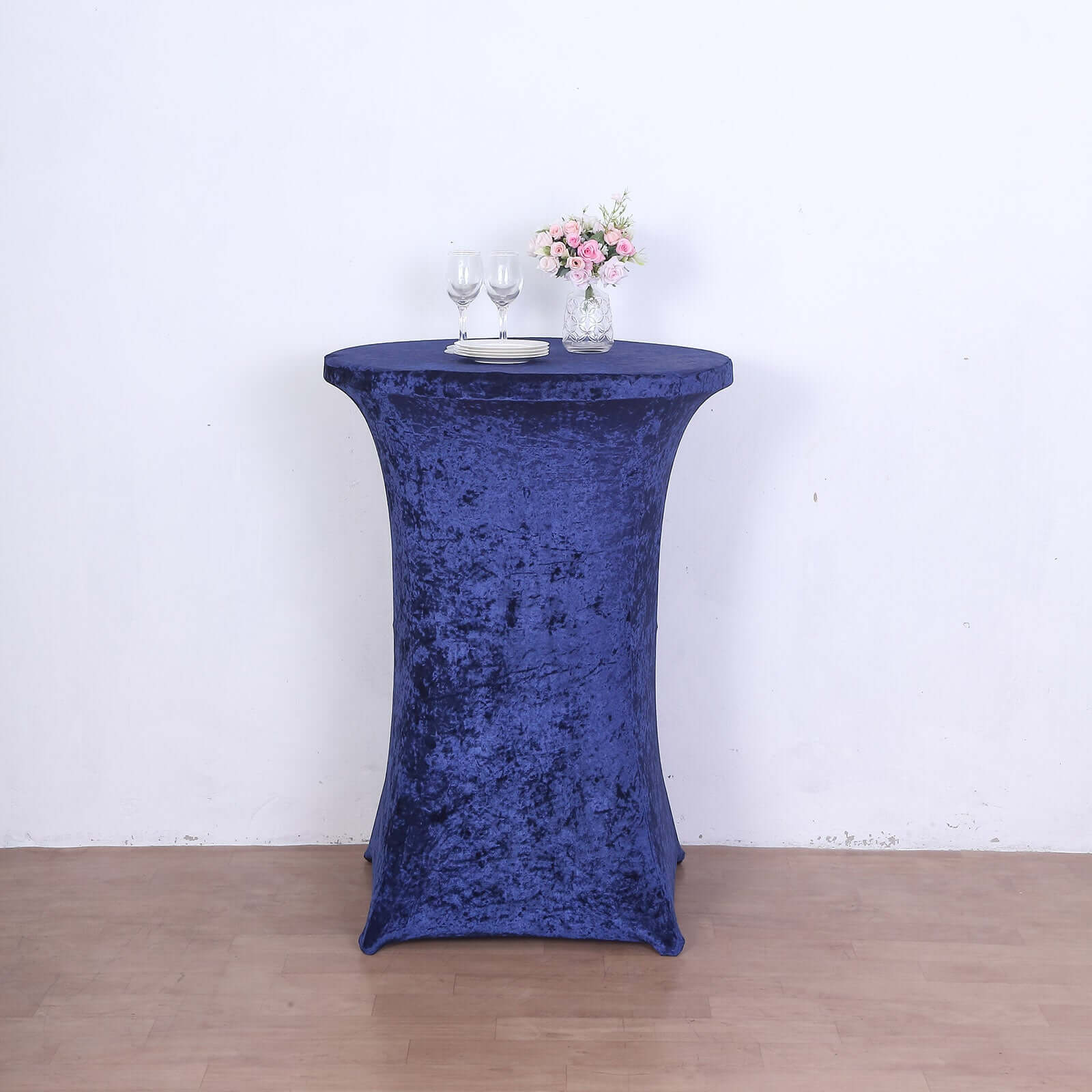 Crushed Velvet Spandex 32" Round Cocktail Table Cover Navy Blue Smooth Highboy Tablecloth