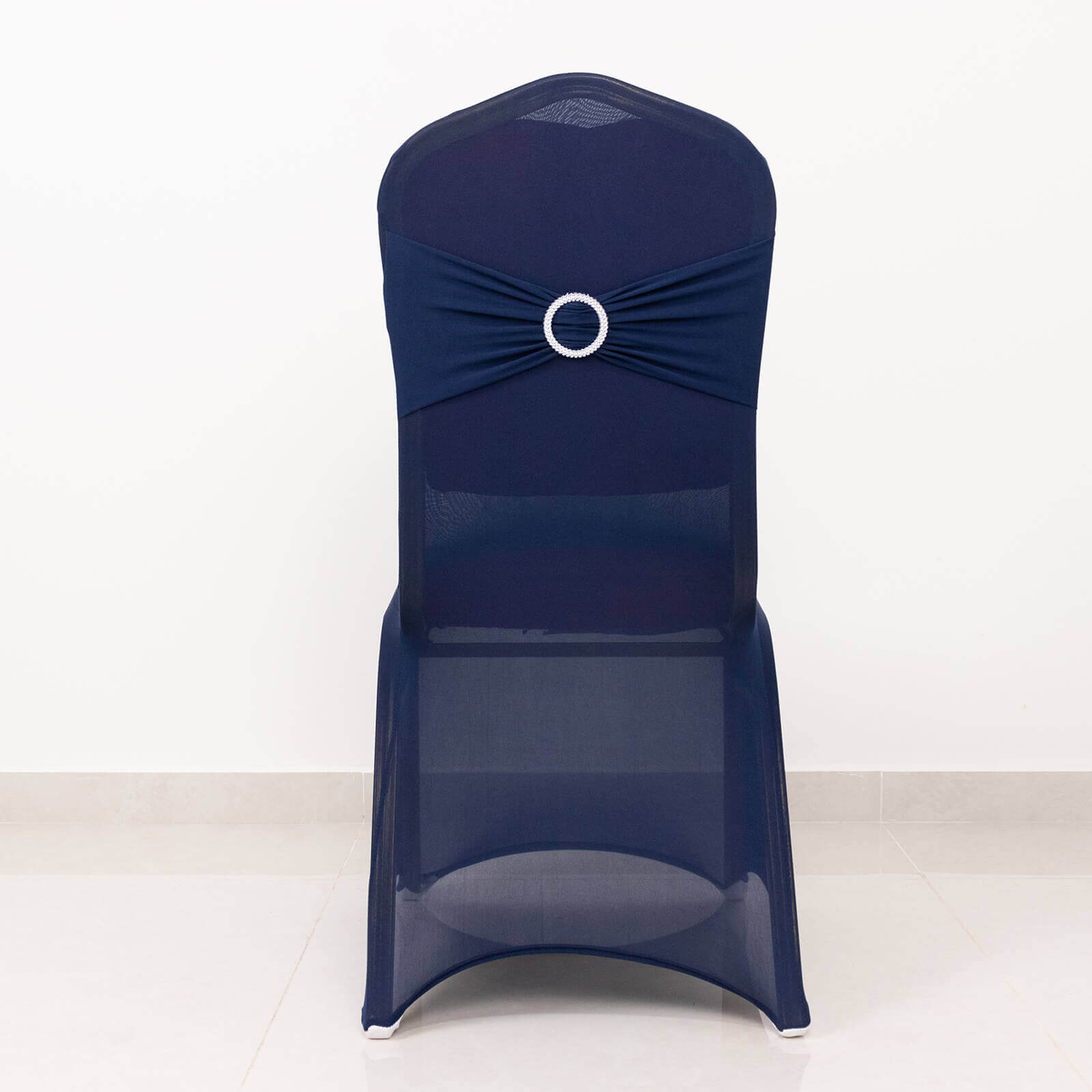 Spandex Chair Cover with Navy Blue Rhinestone Buckled Sash Band Blush - Stretch Fitted Slipcover