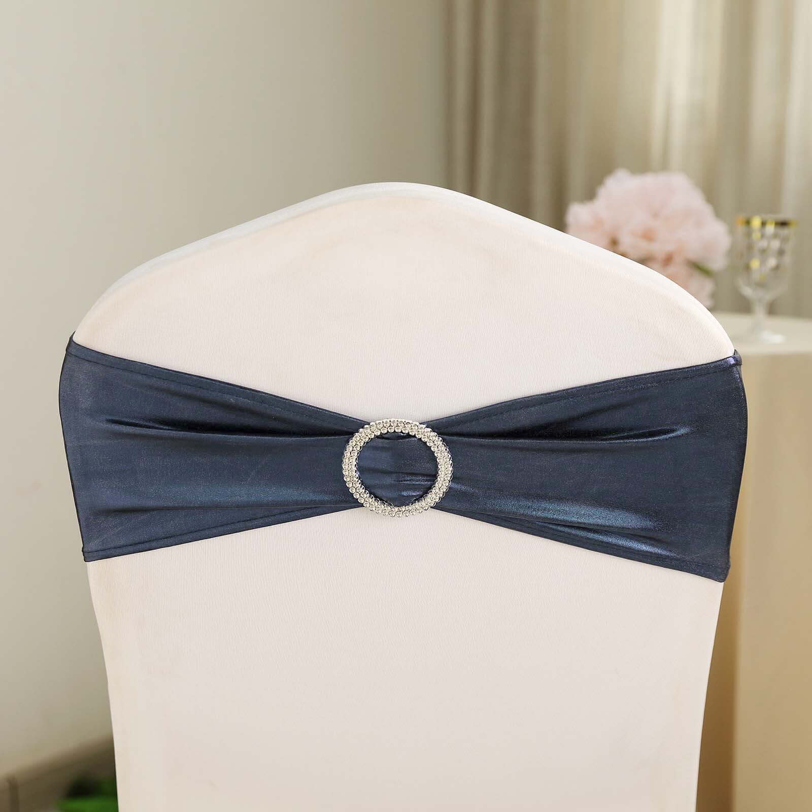 5 Pack Metallic Spandex Chair Sashes Navy Blue - Stretch Fit Chair Bands With Round Diamond Buckles