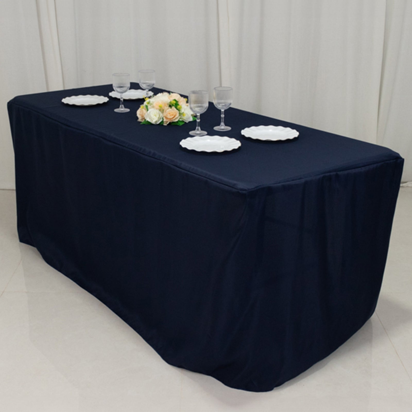 Fitted Polyester 72"x30" Rectangle Tablecloth Navy Blue with Open Back Design - Easy to Maintain and Wrinkle-Resistant Table Cover