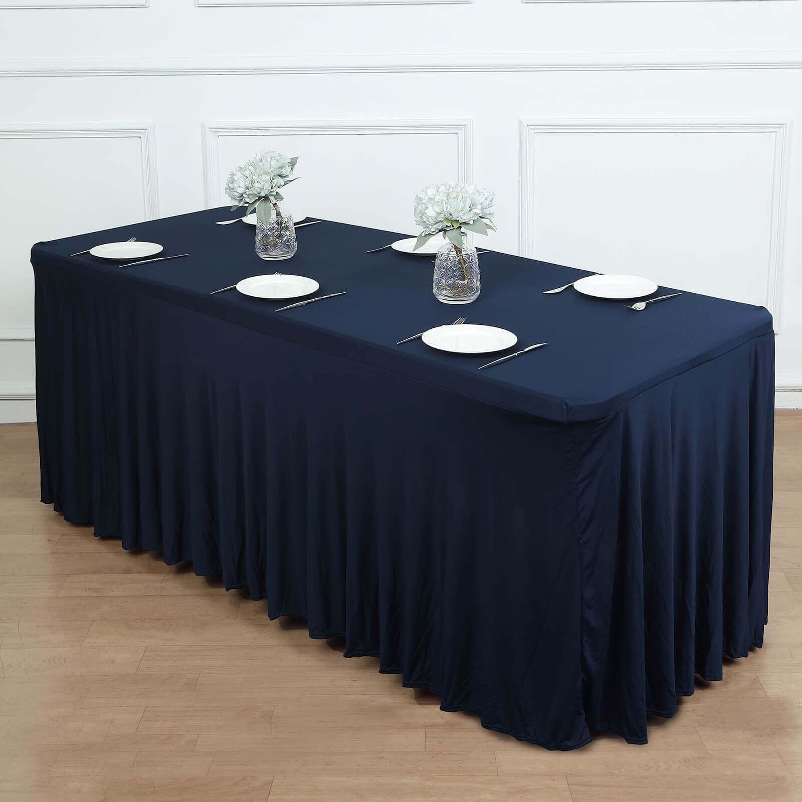 Spandex Rectangle 72"x30" Table Skirt Navy Blue with Wavy Skirt-Like Effect Table Cover
