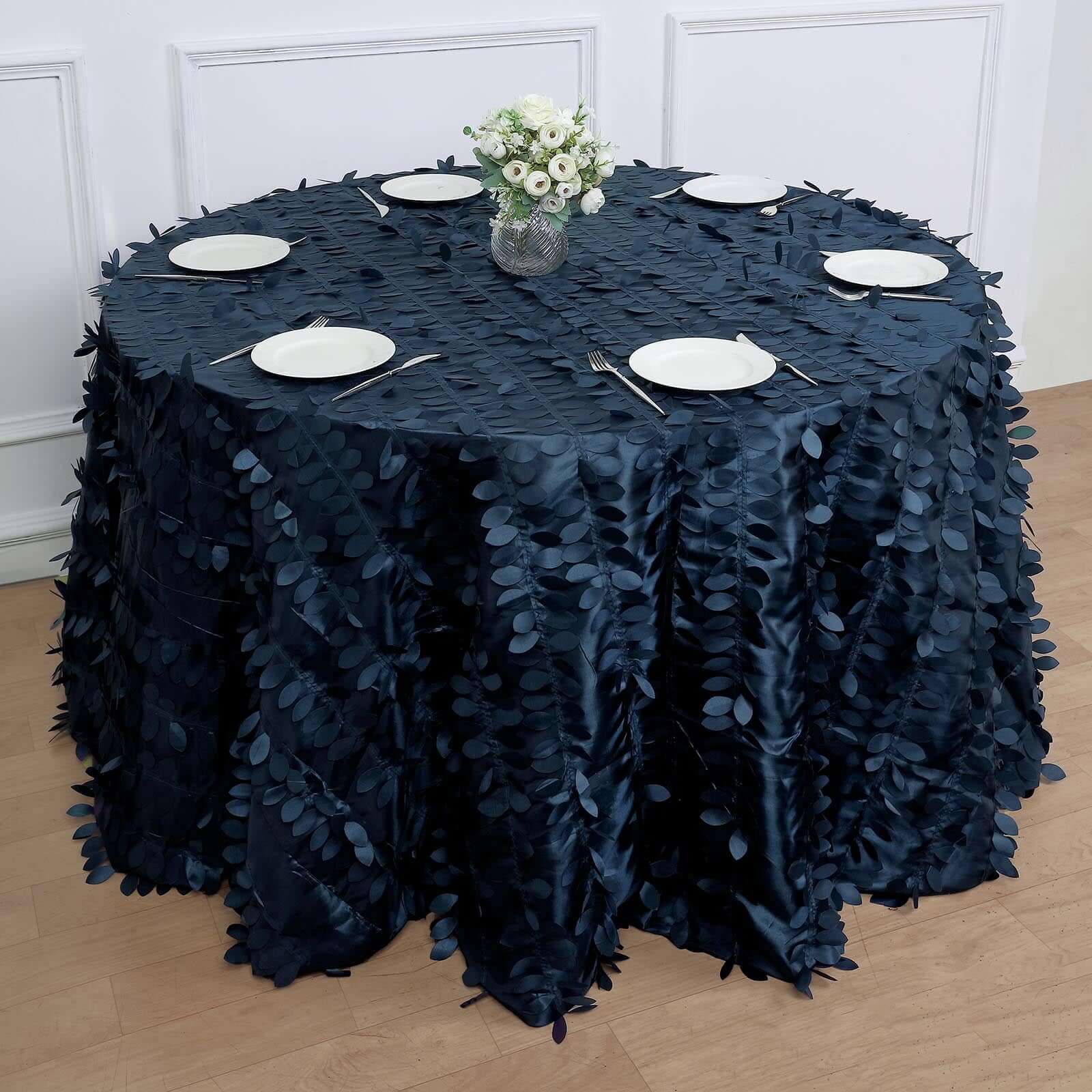 Taffeta 120" Round Tablecloth Navy Blue | 3D Leaf Petal Design Seamless Table Cover