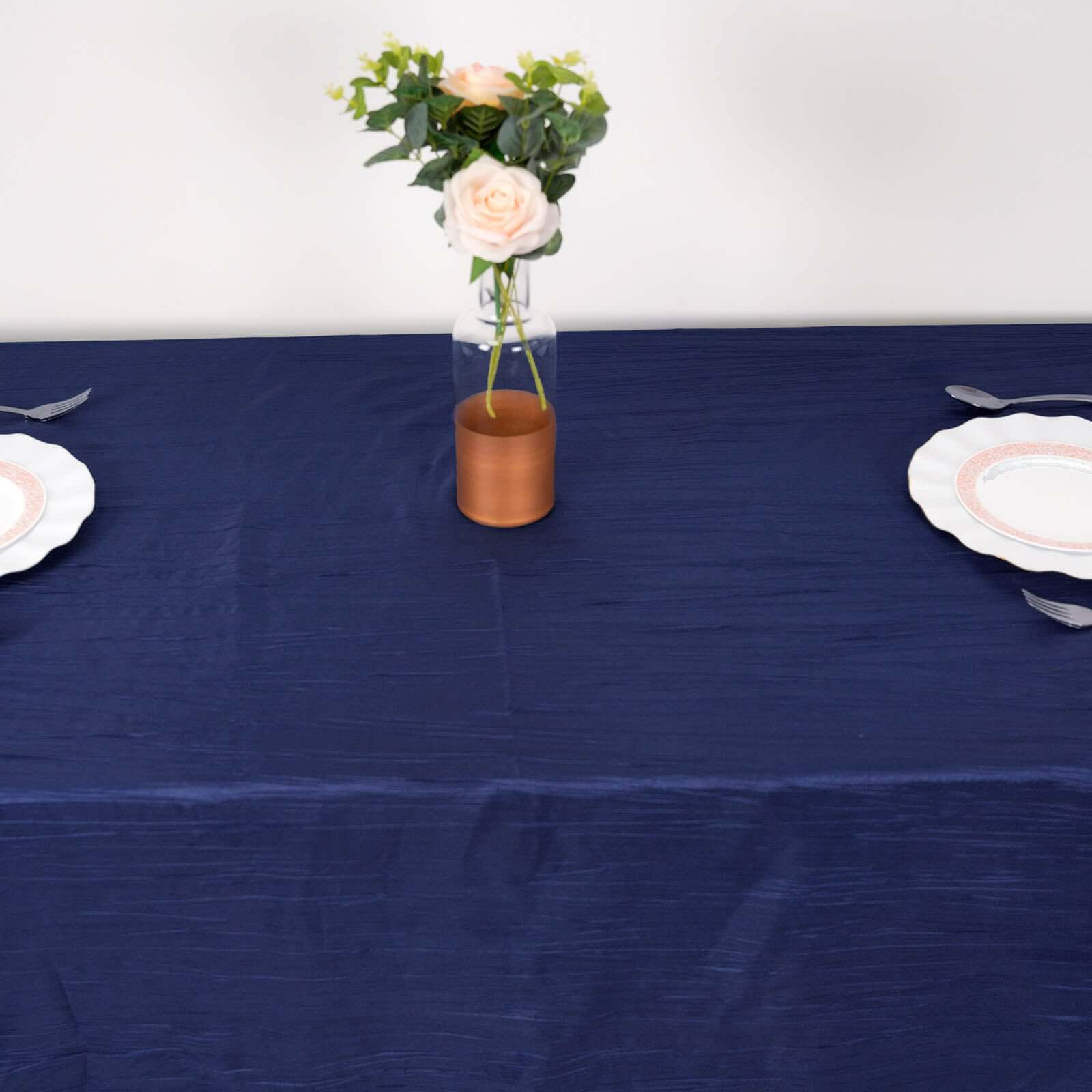 Taffeta 90"x132" Rectangle Tablecloth Navy Blue - Seamless Accordion Crinkle Table Cover