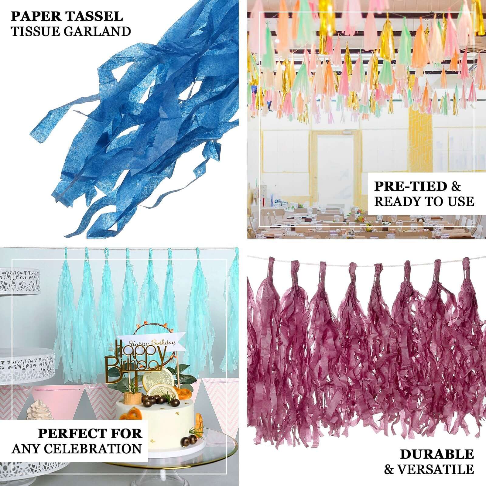 12 Pack Pre-Tied Navy Blue Paper Fringe Tassels With Garland String Hanging Streamer Banner