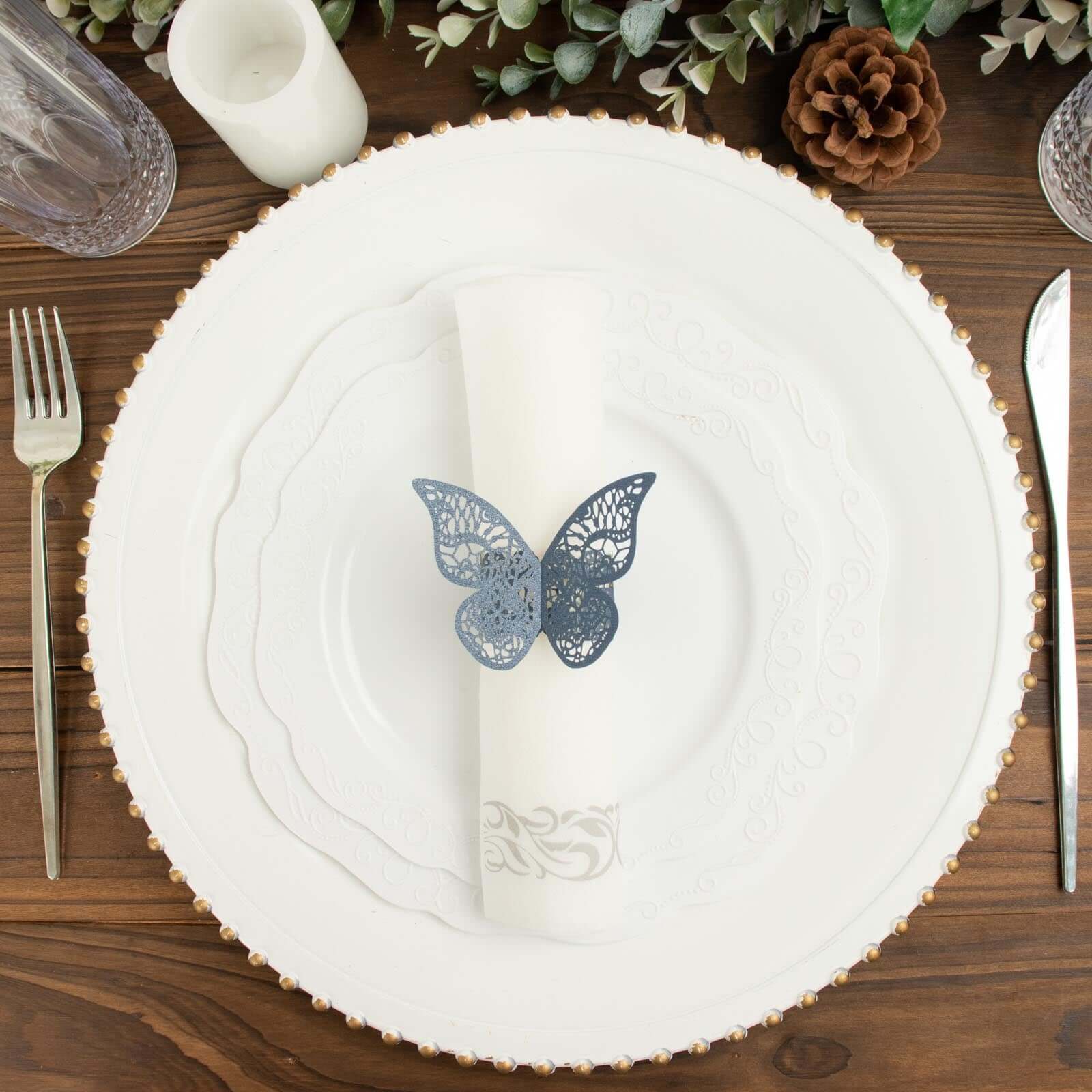 12-Pack Paper Napkin Rings Laser Cut Butterfly Navy Blue Shimmery - Decorative Serviette Holders