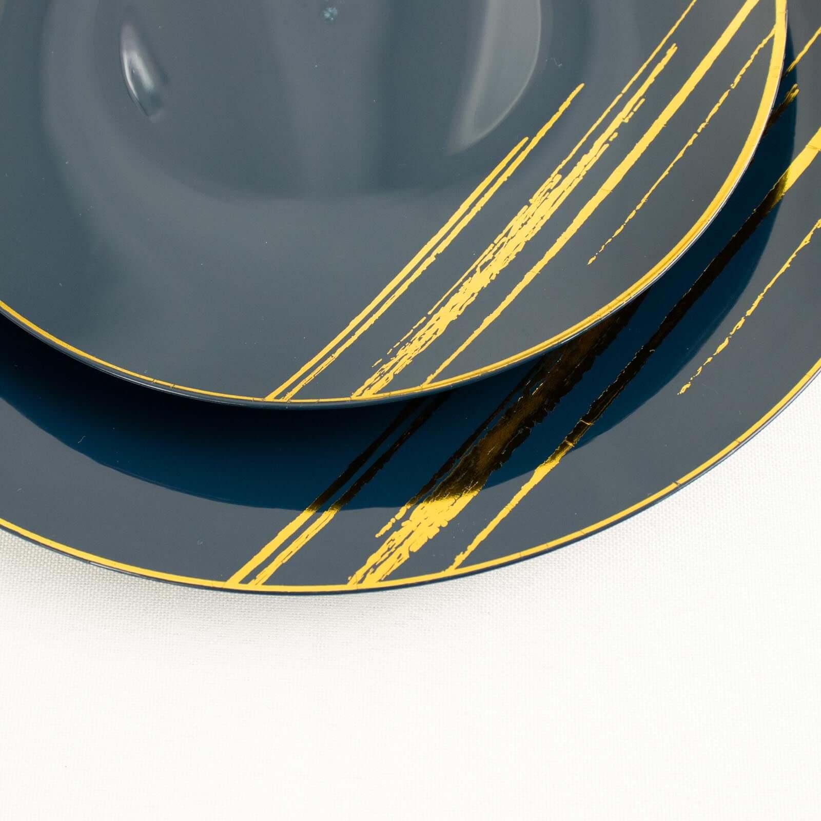 10-Pack Plastic 7" Round Dessert Plates in Navy Blue with Gold Brush Stroked Print - Disposable Appetizer Salad Plates