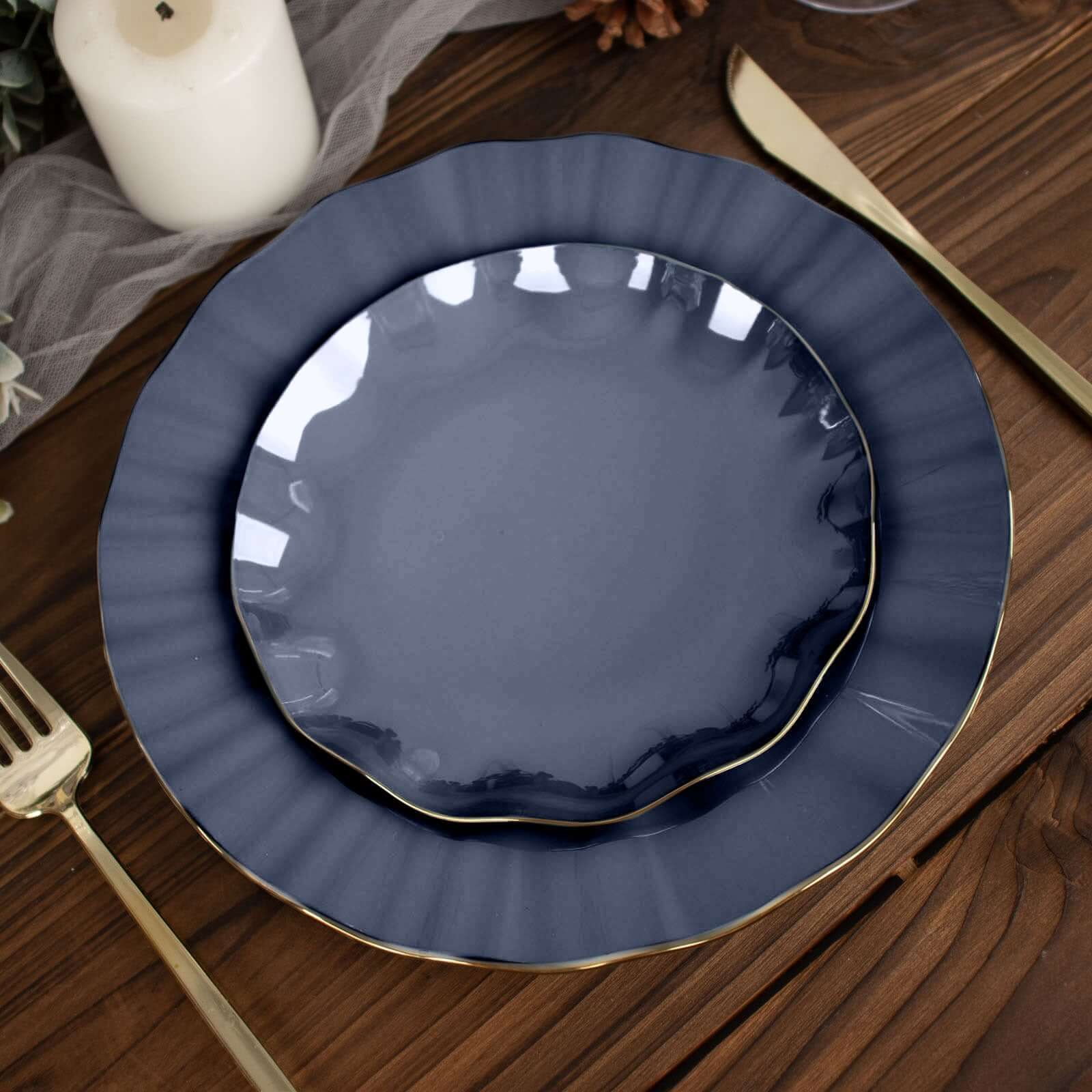 10-Pack Plastic Round 6" Dessert Plates in Navy Blue Ruffled Rim with Gold Edging - Sturdy Disposable Salad Appetizer Dinnerware