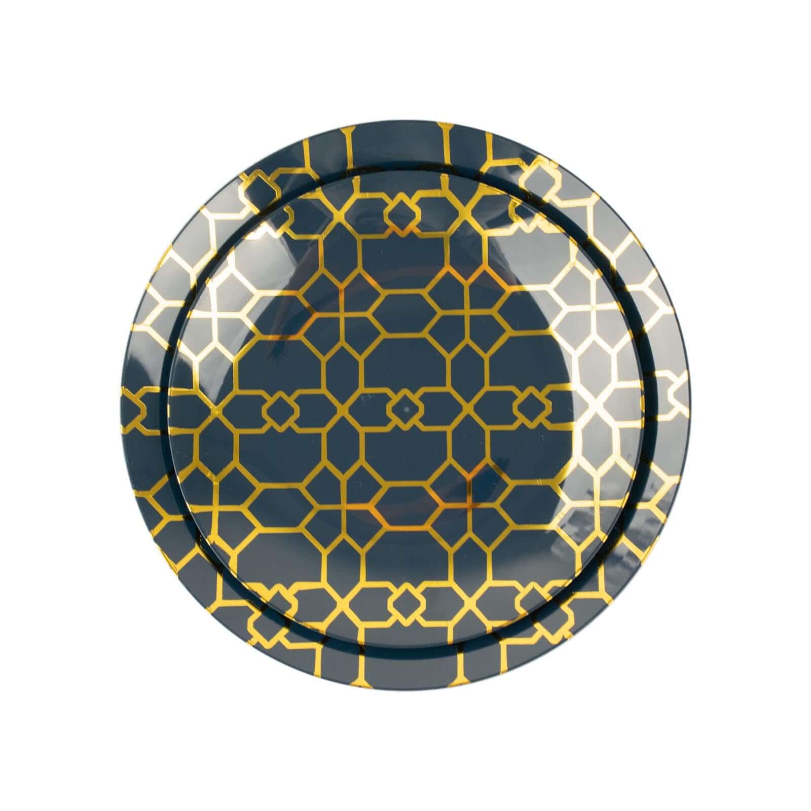 20-Pack Set Plastic Round Dinner and Salad Plates in Navy Blue with Geometric Gold Print - Modern Disposable Dinnerware Set for Weddings & Celebrations 9", 7"