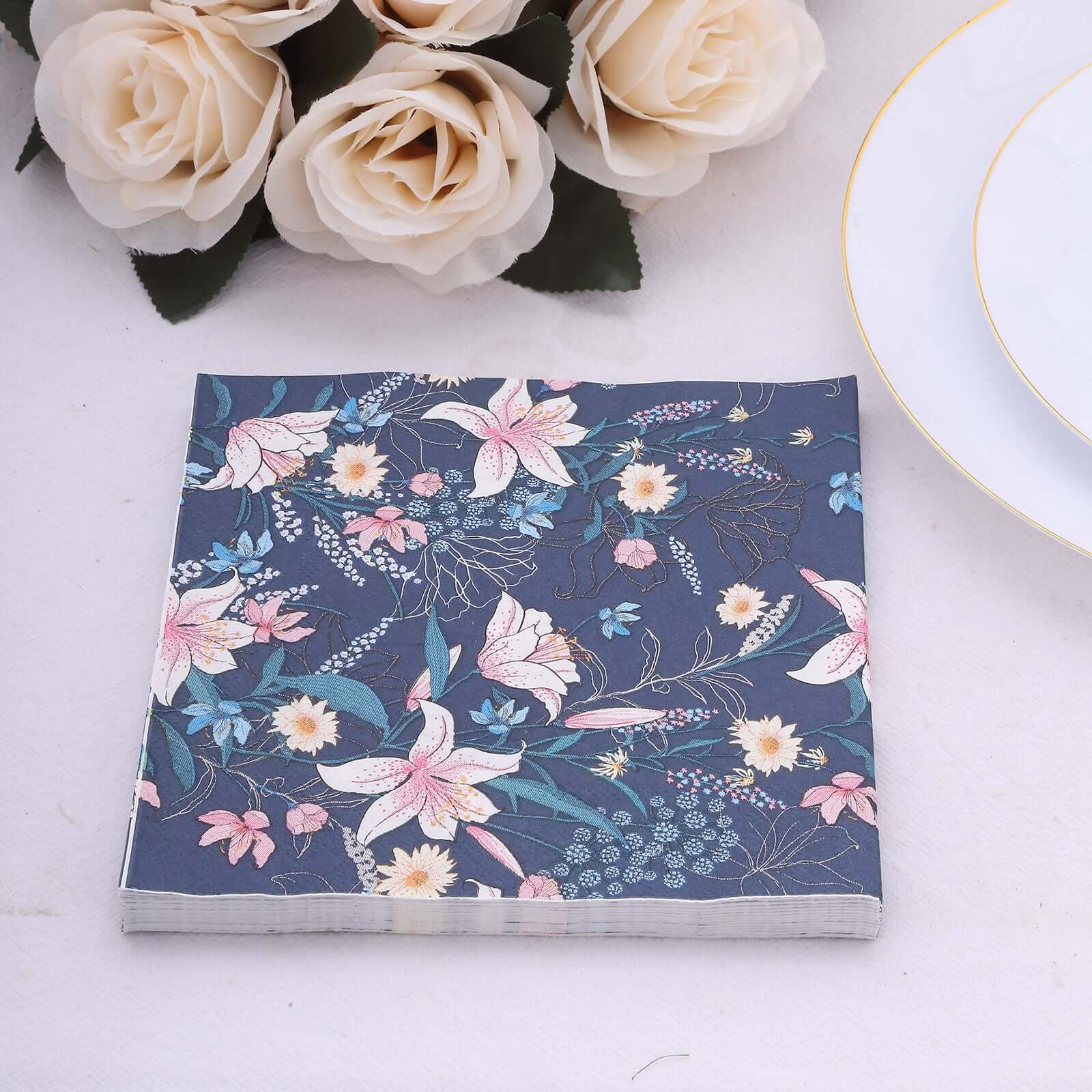 50-Pack Paper Beverage Napkins with Water Lily Floral Design Navy Blue - 2 Ply Soft 18GSM Wedding Napkins 6.5"x6.5"