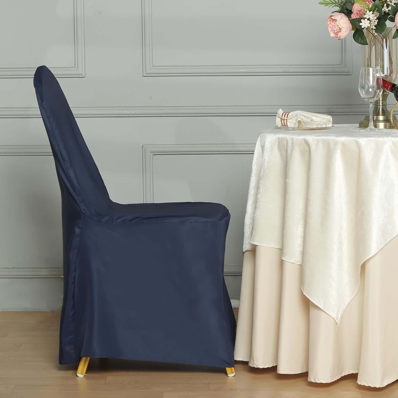 Polyester Slip On Banquet Chair Covers Navy Blue - Stain-Resistant Reusable Durable Fabric