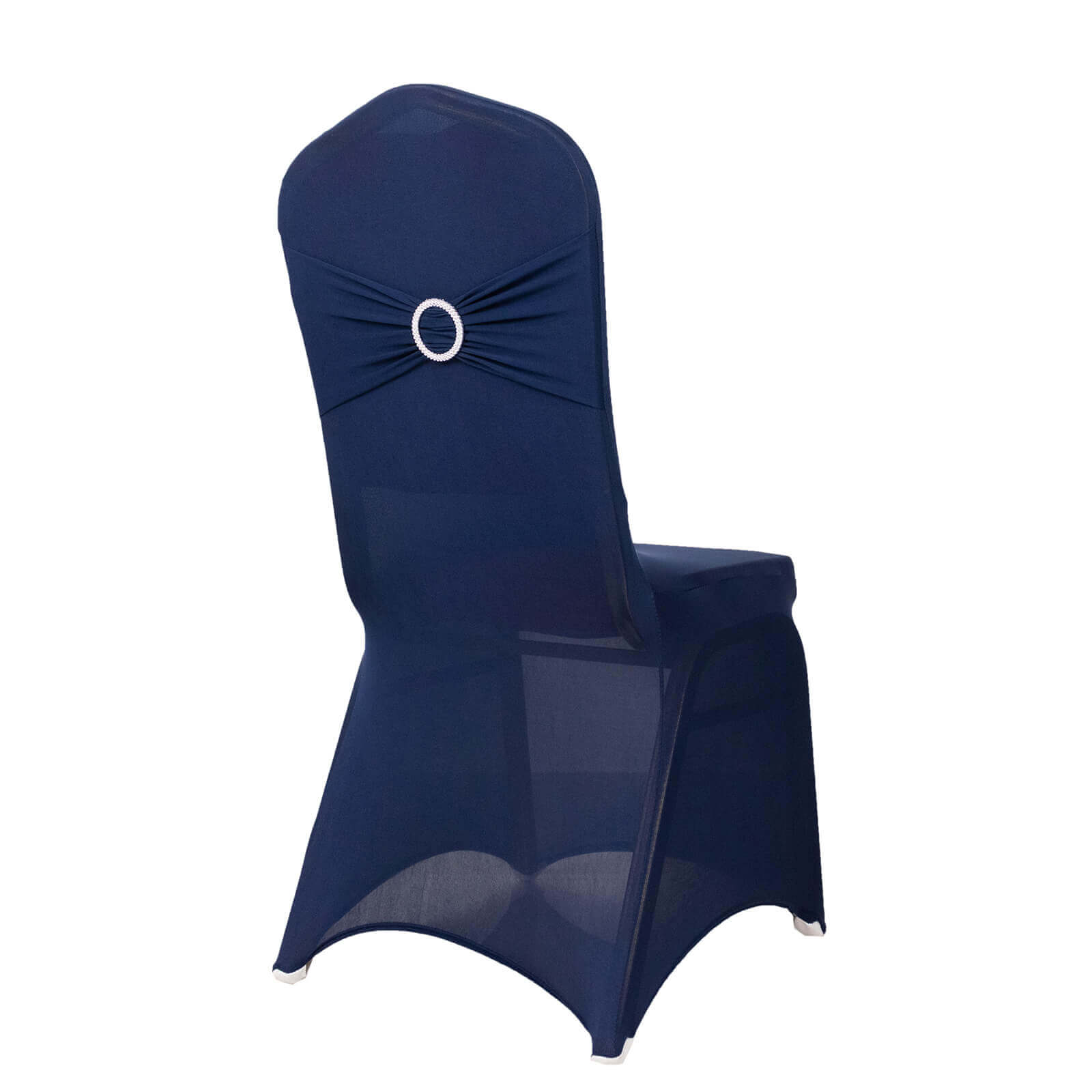 Spandex Chair Cover with Navy Blue Rhinestone Buckled Sash Band Blush - Stretch Fitted Slipcover