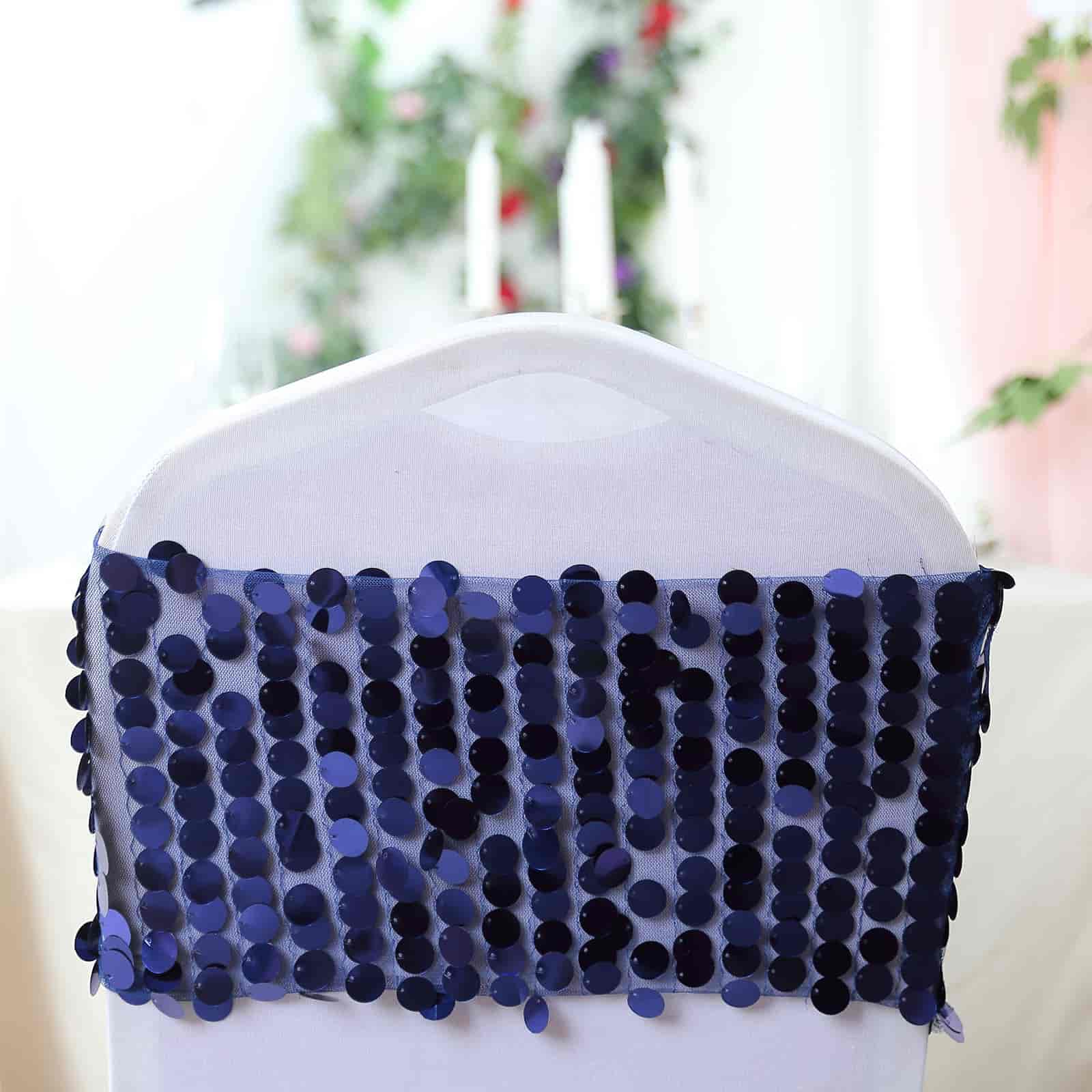 5 Pack Big Payette Sequin 13"x10" Chair Sash Bands Navy Blue - Stylish Glittering Decor for Weddings & Gatherings