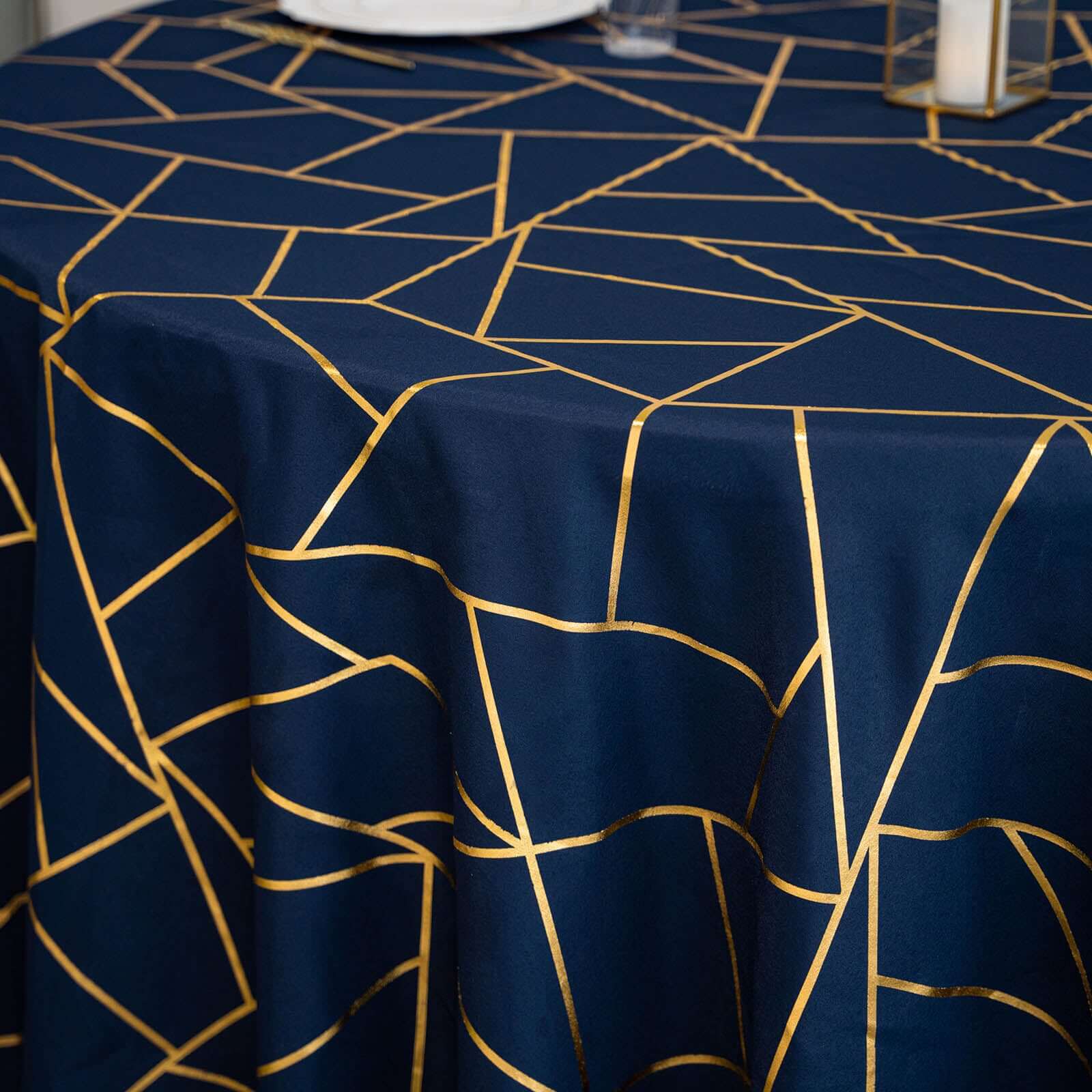 Polyester 120" Round Tablecloth Navy with Gold Foil Geometric Pattern Wrinkle-Resistant Seamless Table Cover