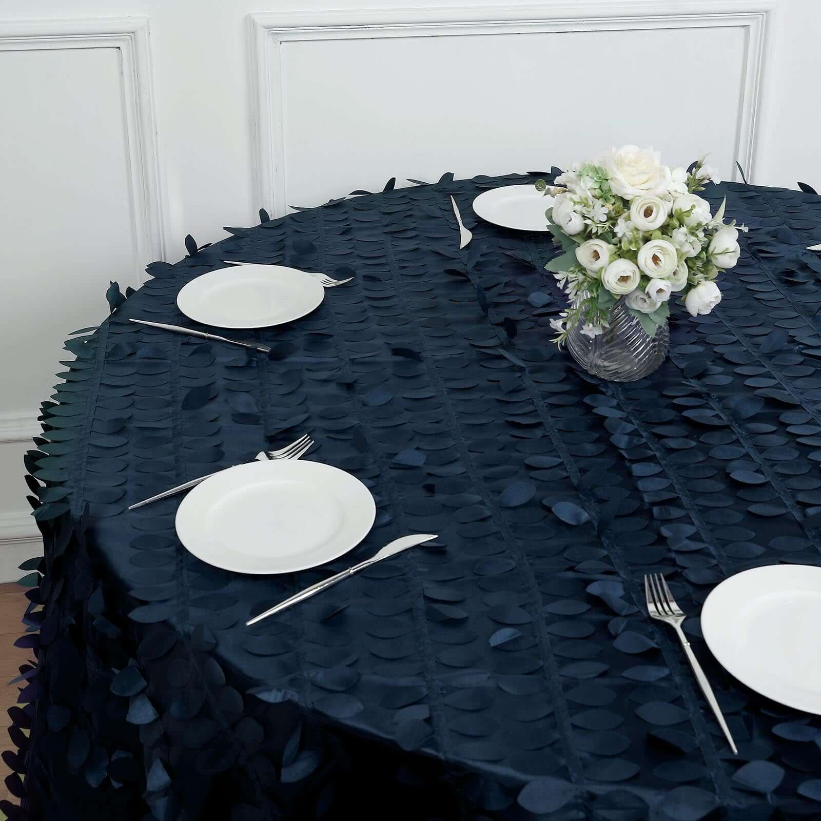 Taffeta 120" Round Tablecloth Navy Blue | 3D Leaf Petal Design Seamless Table Cover