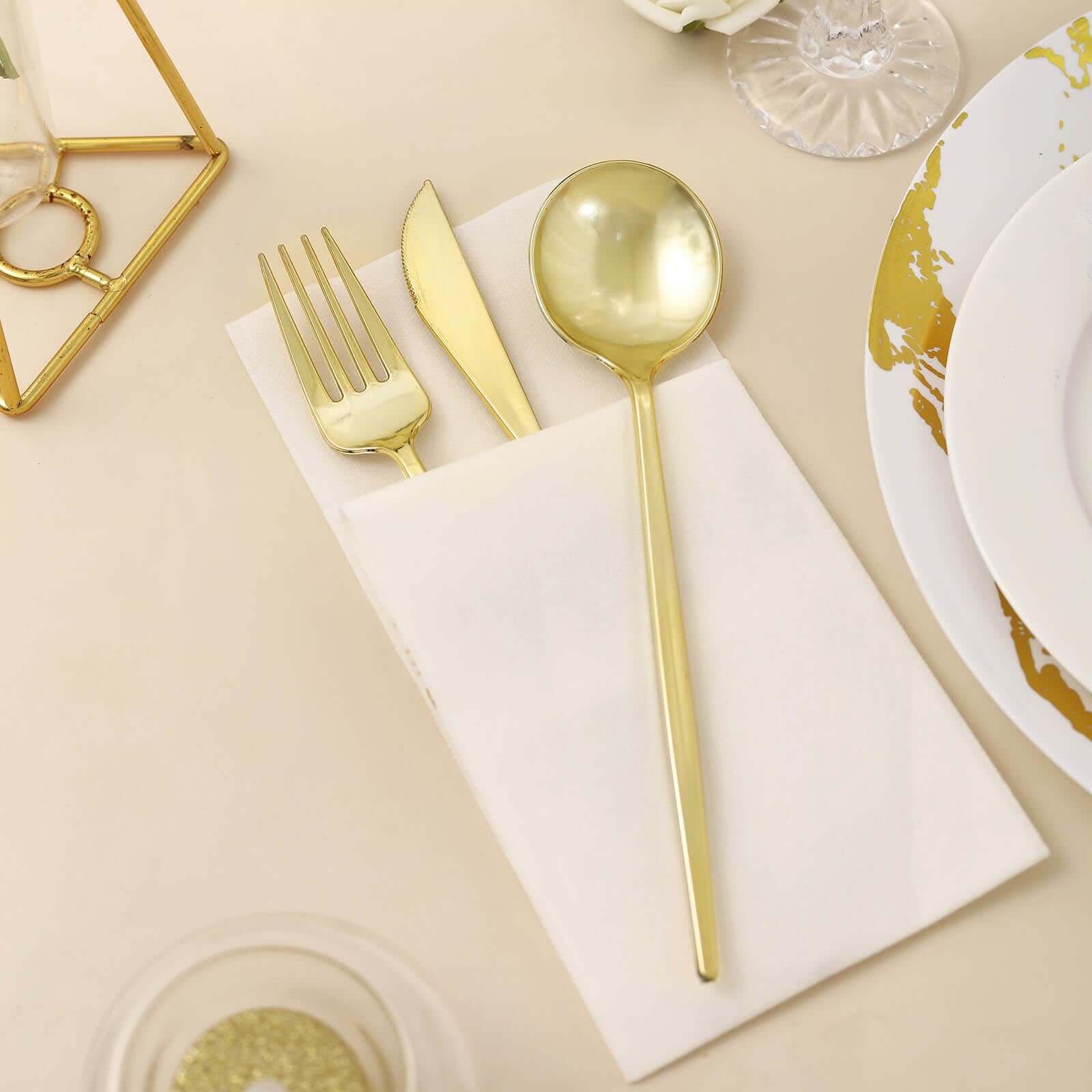 24-Pack Plastic Flatware Set with Sleek Modern Design Gold - Premium Disposable Silverware 8"