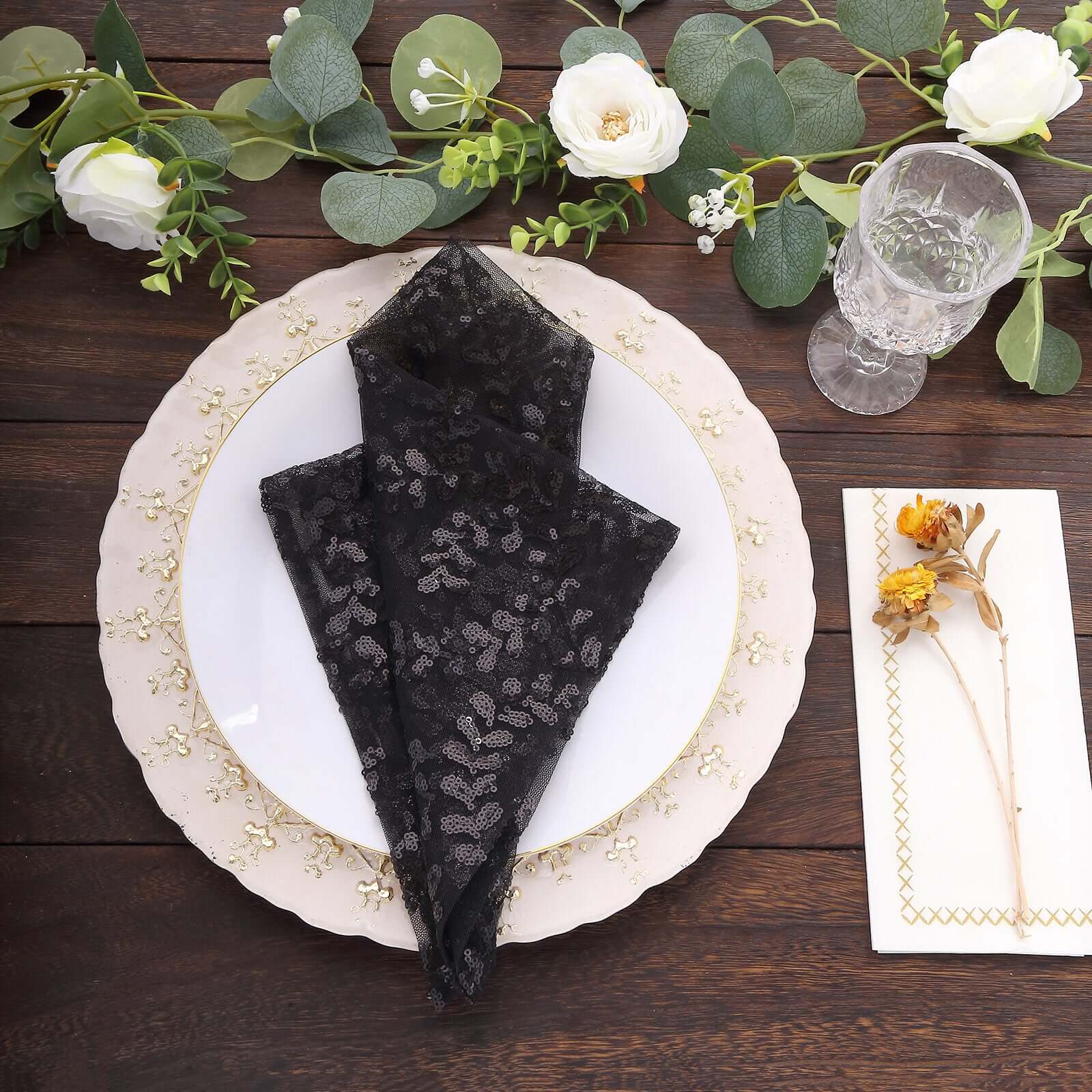 Sequin Tulle 20"x20" Napkin Black - Embroidered Leaf Vine Dinner Napkins