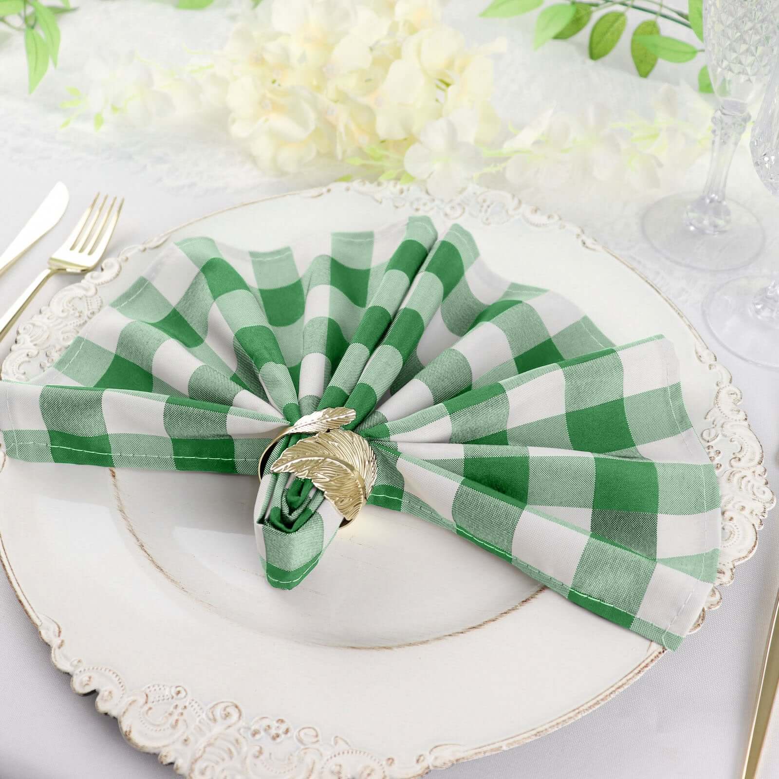 5 Pack Polyester 15"x15" Napkins Green/White Buffalo Plaid Gingham Style Cloth Napkins