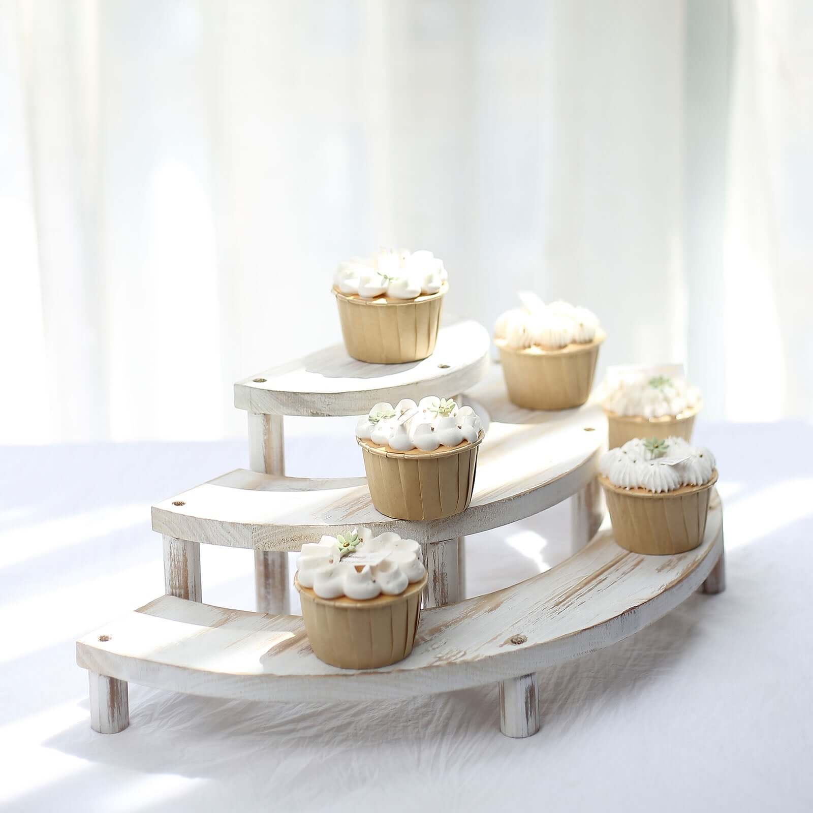 Set of 3 Wooden Dessert Pedestals Rustic Whitewashed 3-Tier Semicircle Design - Half Moon Cupcake Display Risers 7", 13", 18"
