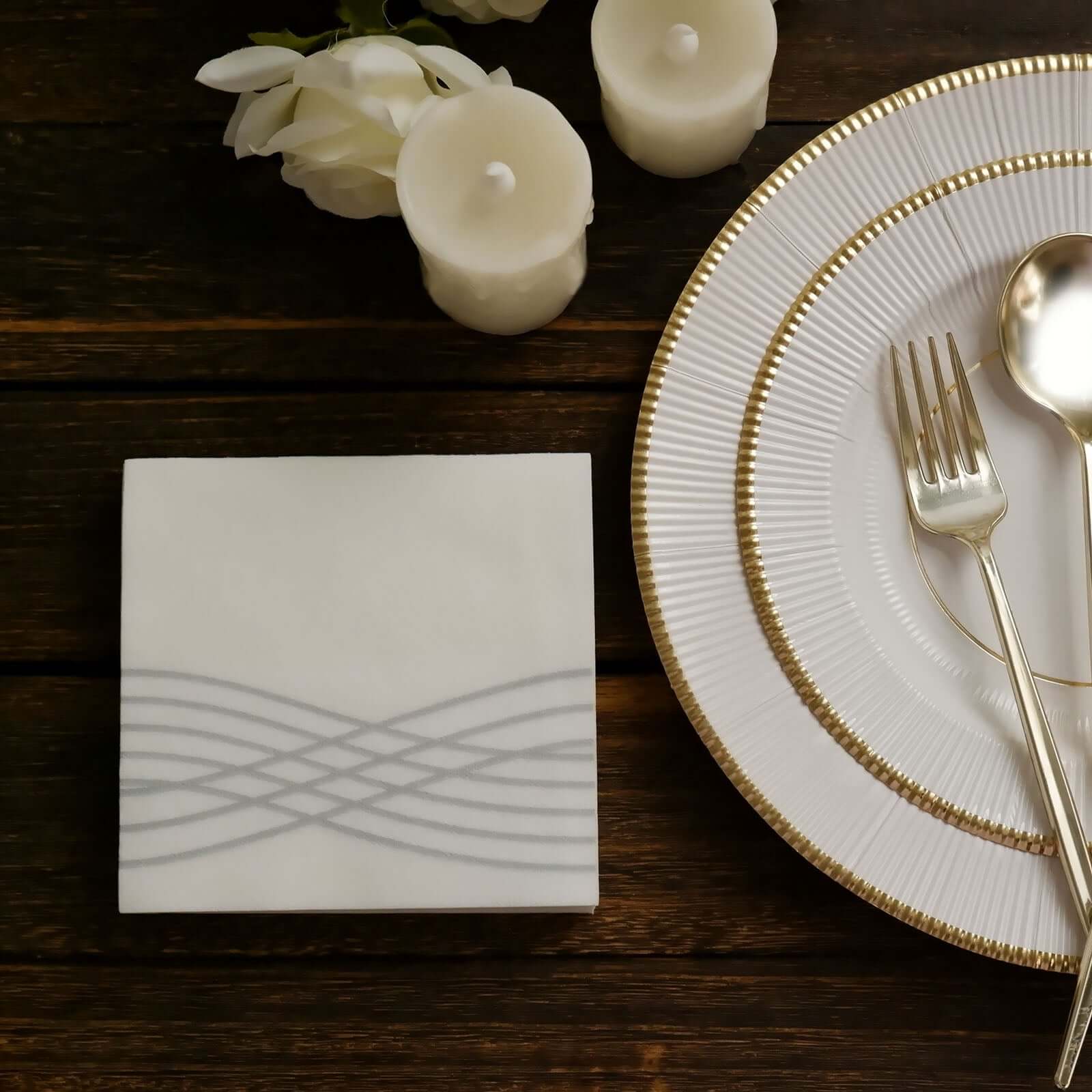 20 Pack Linen-Like Paper 5"x5" Napkins White - Silver Foil Wave Design Airlaid Cocktail Napkins