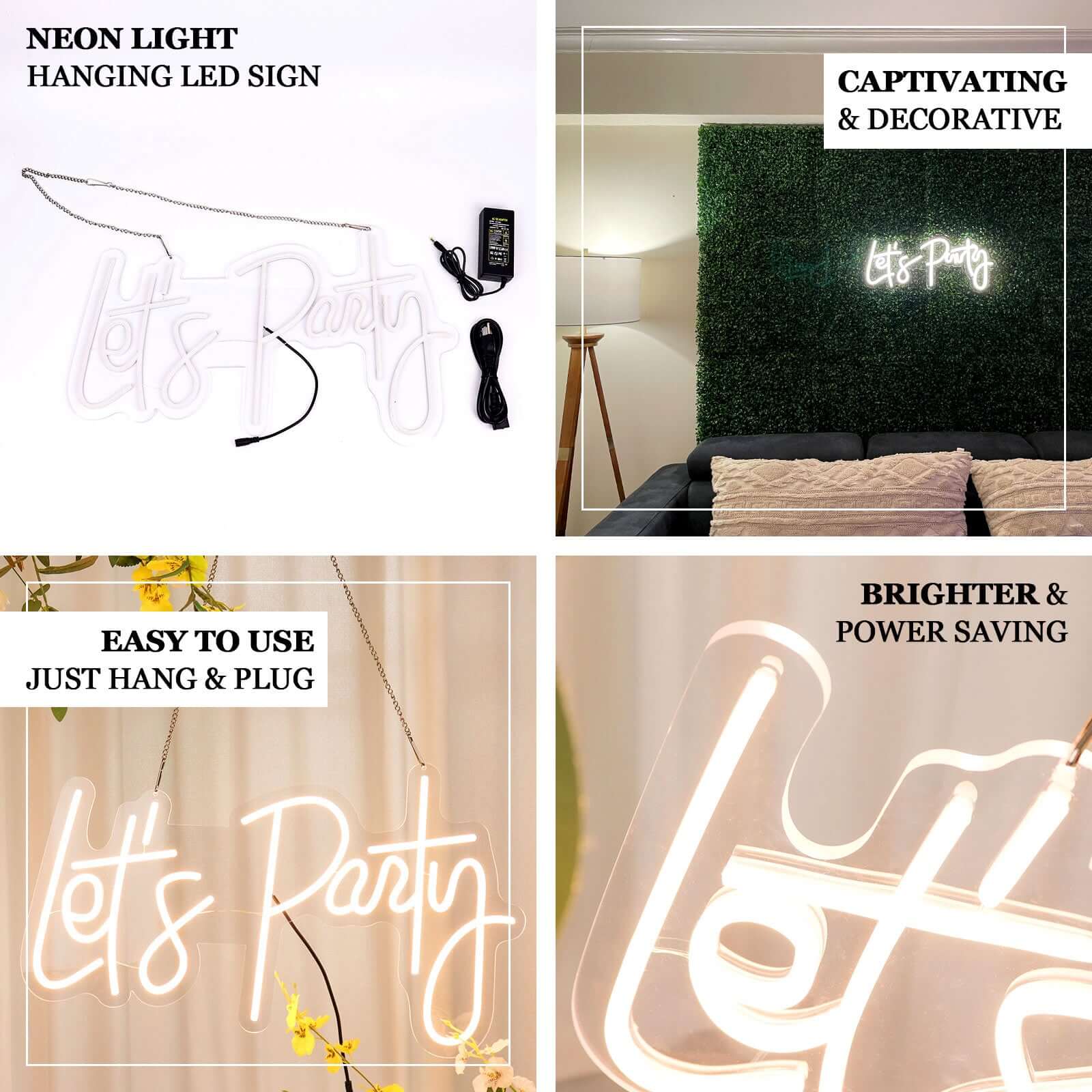 23" Let's Party Neon Light Sign, LED Reusable Wall Décor Lights With 5ft Hanging Chain
