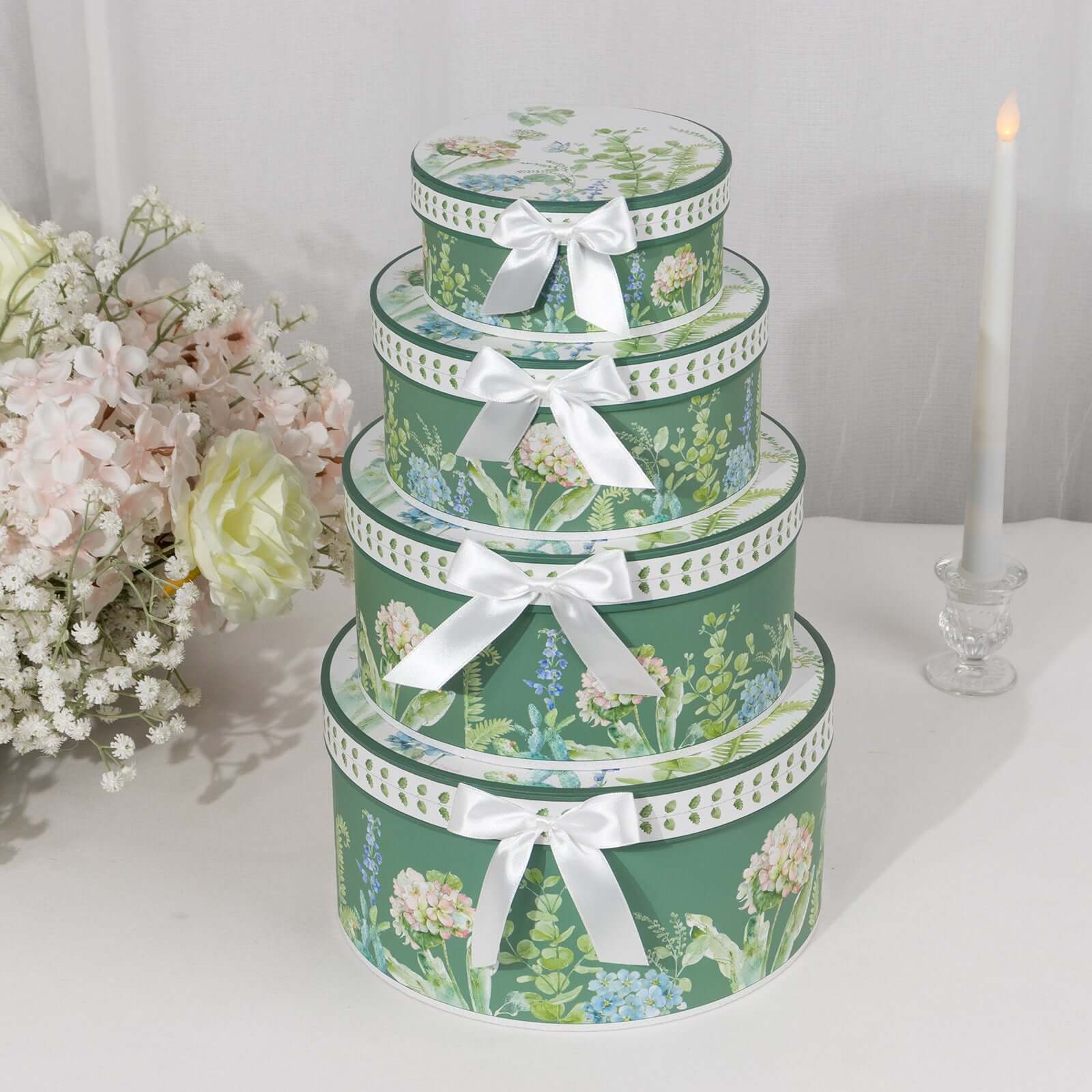 Set of 4 Cardstock Round Nesting Gift Boxes Greenery Theme Design - Decorative Heavy Duty Stackable Keepsake Boxes With Lids for Presents Storage & Pedestal Stand 5",7",8",9"