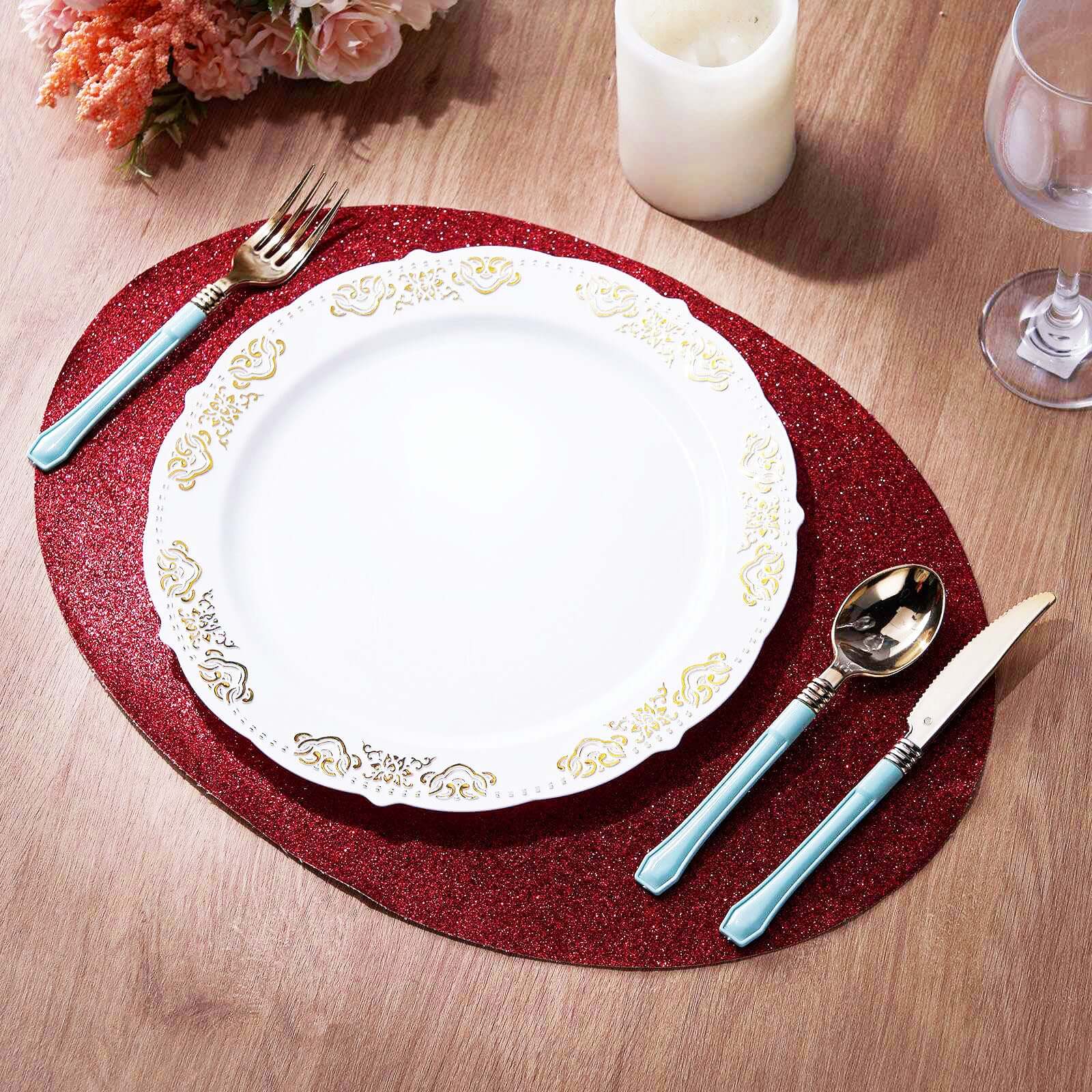 6-Pack Placemats Glitter Design Burgundy Sparkle Oval - Non-Slip Decorative Table Mats for Dining 12"x18"