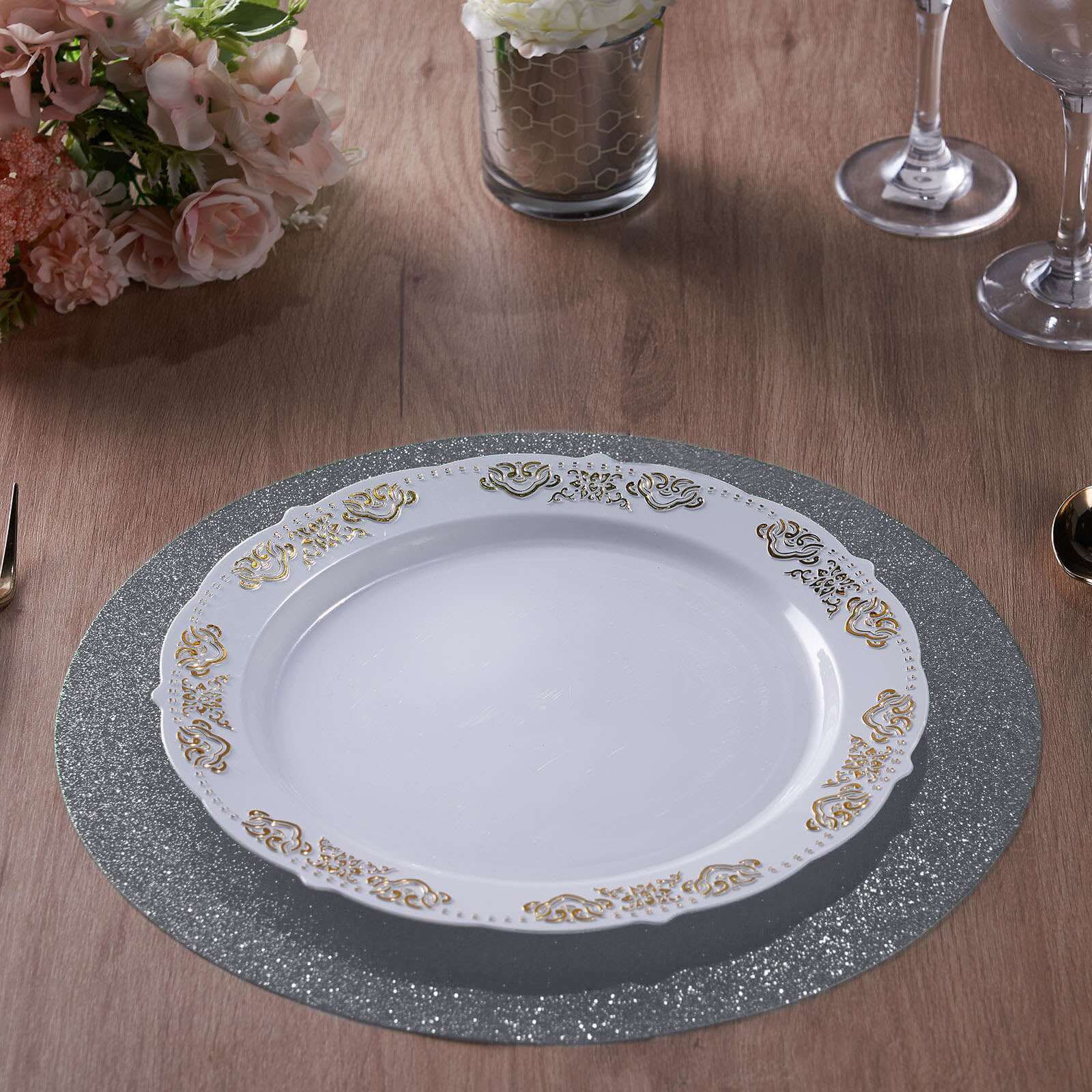6-Pack Placemats Glitter Design Charcoal Gray Sparkle Round - Non-Slip Decorative Dining Table Mats 13"