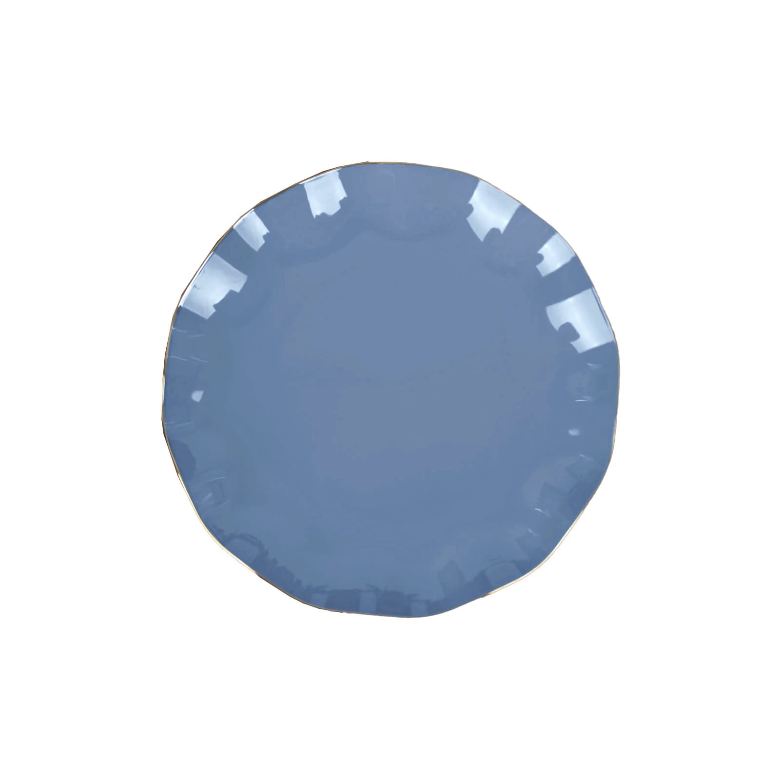 10-Pack Plastic Round 6" Dessert Plates in Ocean Blue Ruffled Rim with Gold Edging - Sturdy Disposable Salad Appetizer Dinnerware