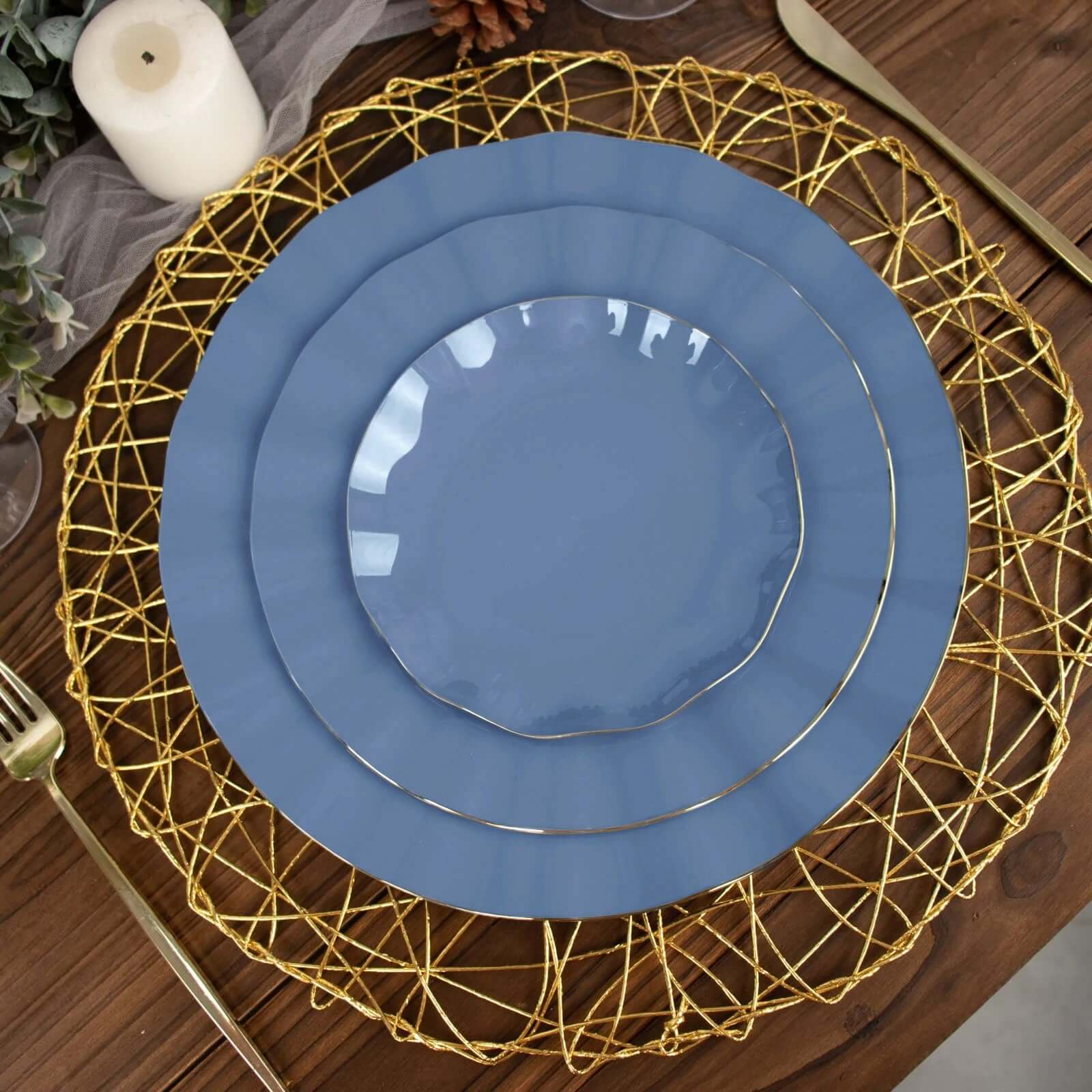 10-Pack Plastic Round 6" Dessert Plates in Ocean Blue Ruffled Rim with Gold Edging - Sturdy Disposable Salad Appetizer Dinnerware