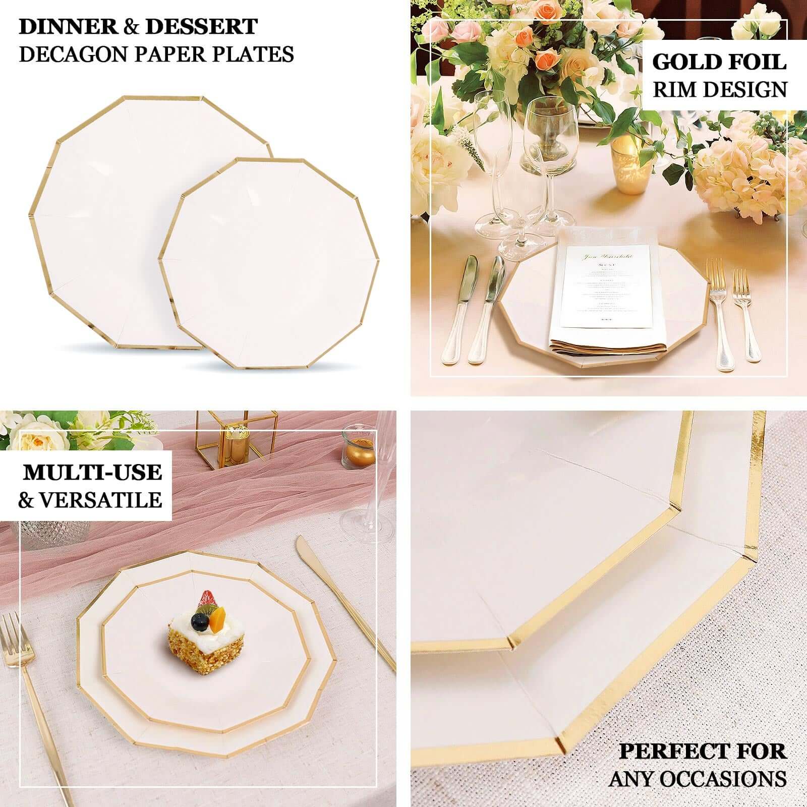 25-Pack Paper 9" Decagon Dinner Plates in White with Gold Foil Rim - Disposable Geometric Party Plates for Modern Weddings & Events