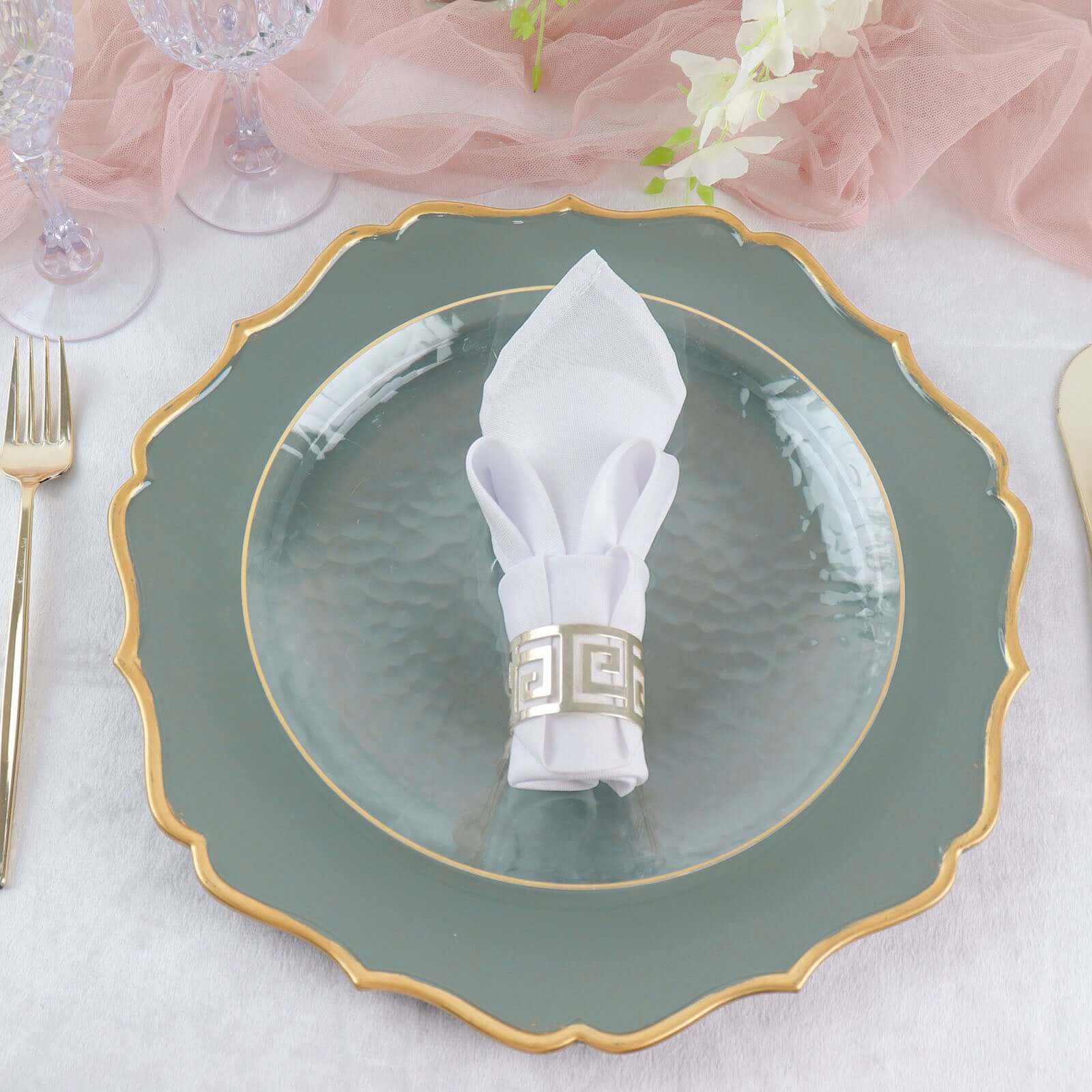 6-Pack Acrylic Round Charger Plates 13" in Olive Green with Gold Scalloped Rim, Decorative Dinner Party Plastic Charger Tableware