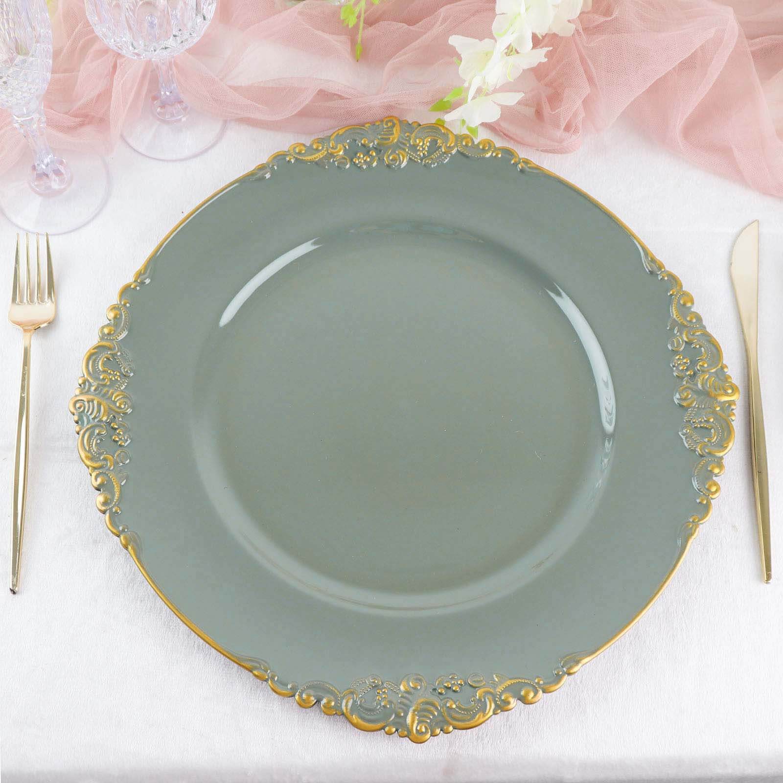 6-Pack Acrylic Round Charger Plates 13" in Olive Green with Gold Embossed Baroque Rim, Antique Decorative Dinner Party Charger Tableware
