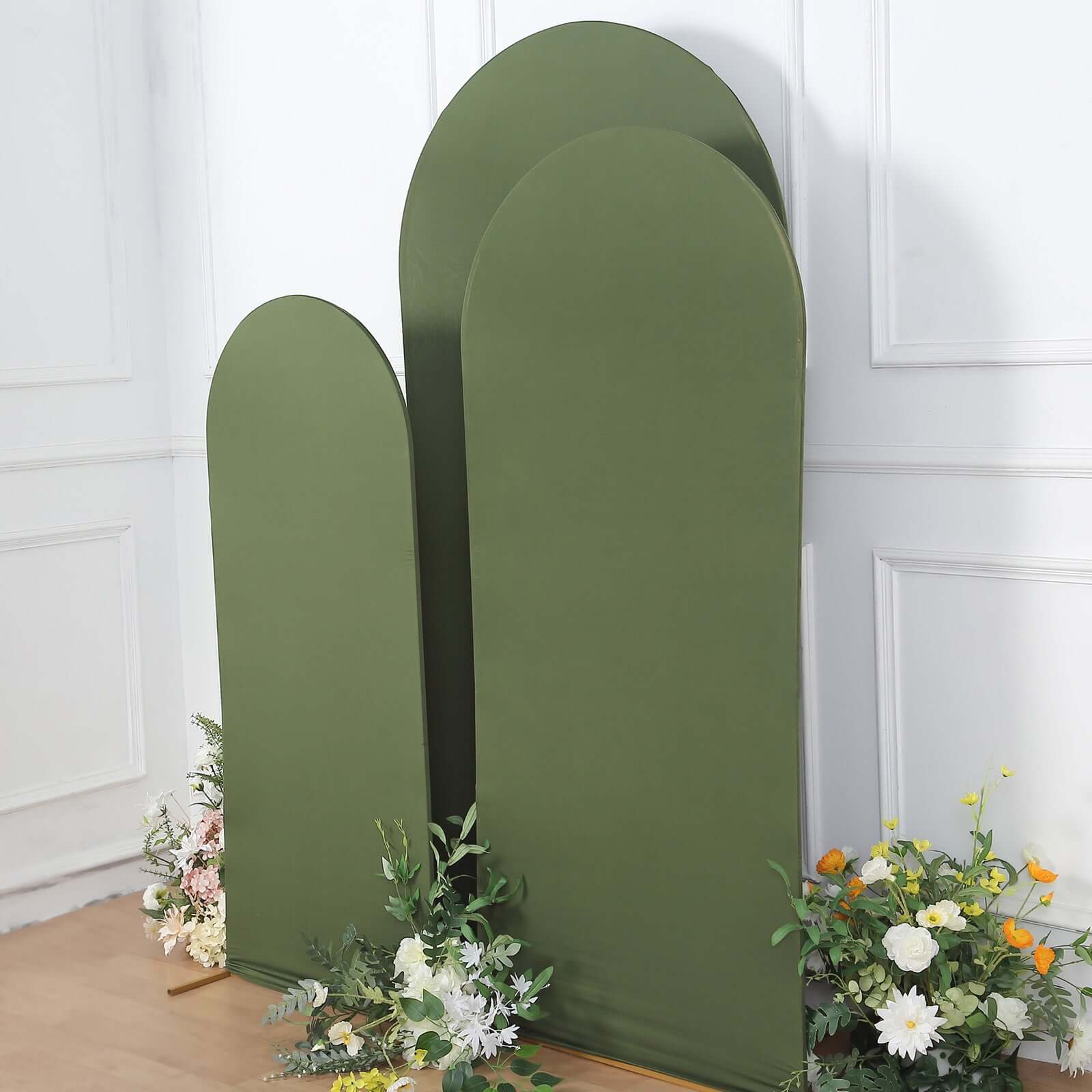 Set of 3 Matte Olive Green Spandex Fitted Chiara Backdrop Stand Cover For Round Top Wedding Arch - 5ft, 6ft, 7ft
