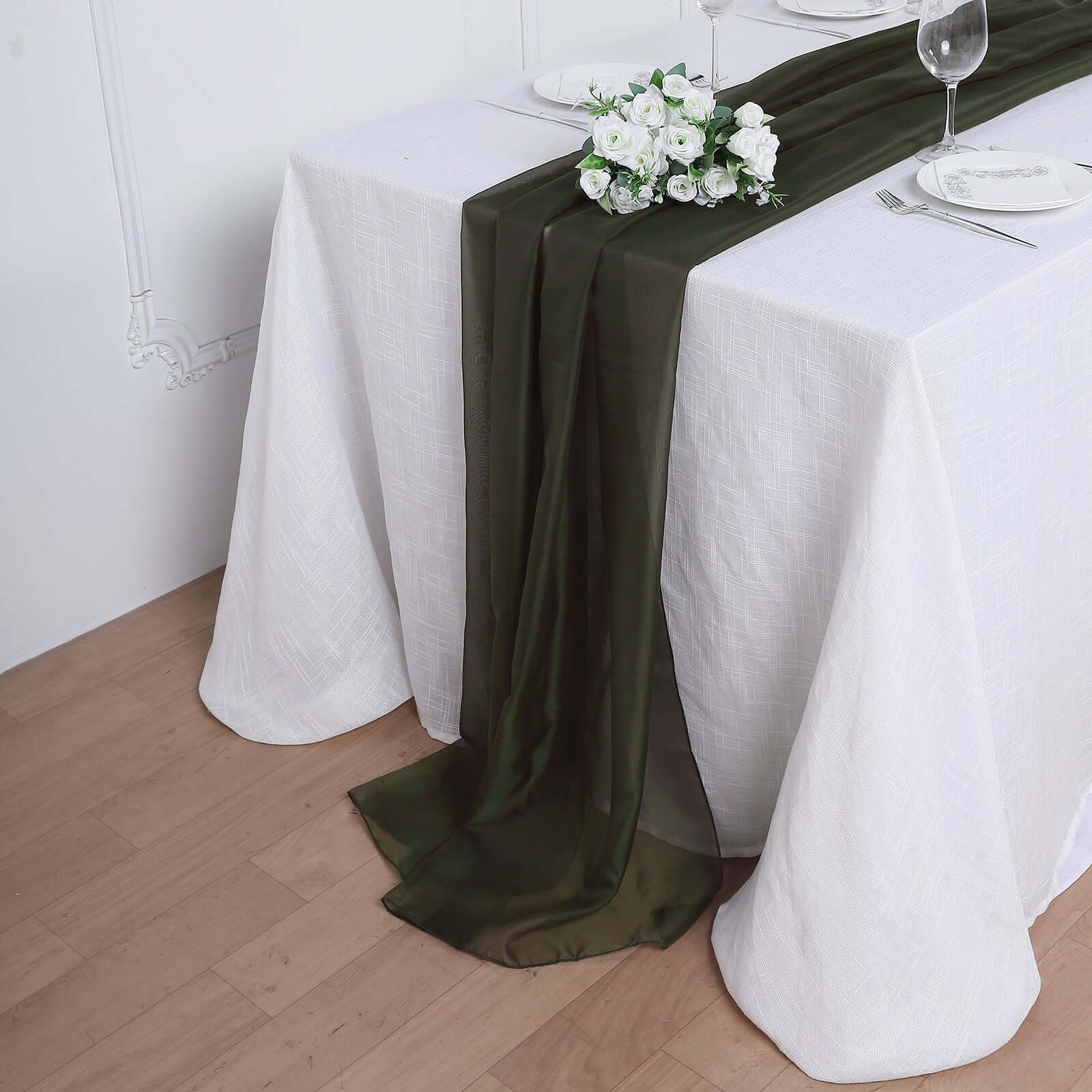 Premium Chiffon 6ft Table Runner Olive Green - Flowy & Lightweight Table Decor