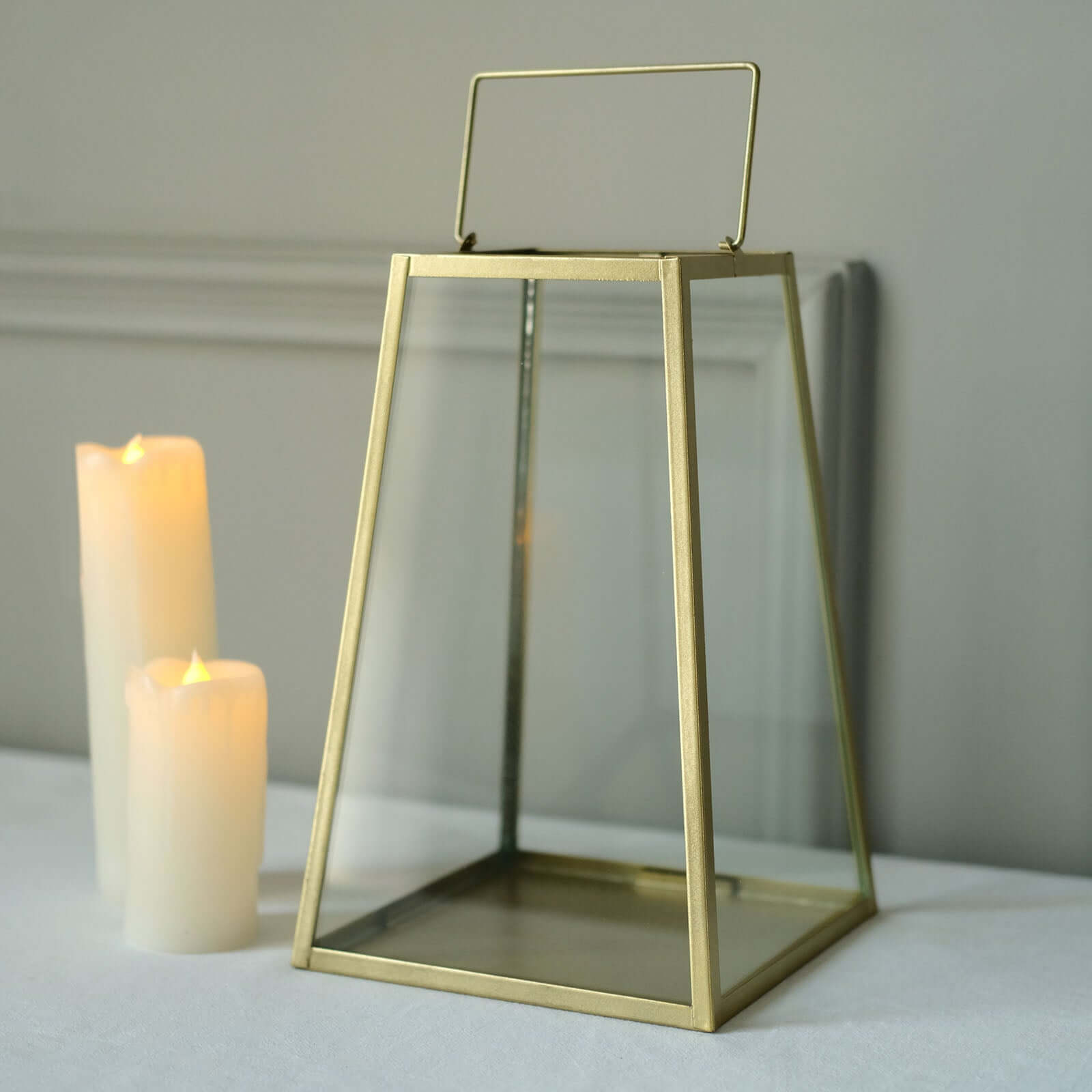Metal Candle Lantern Trapezoid Geometric Design Gold - Hanging Terrarium Table Centerpiece for Indoor/Outdoor 10"